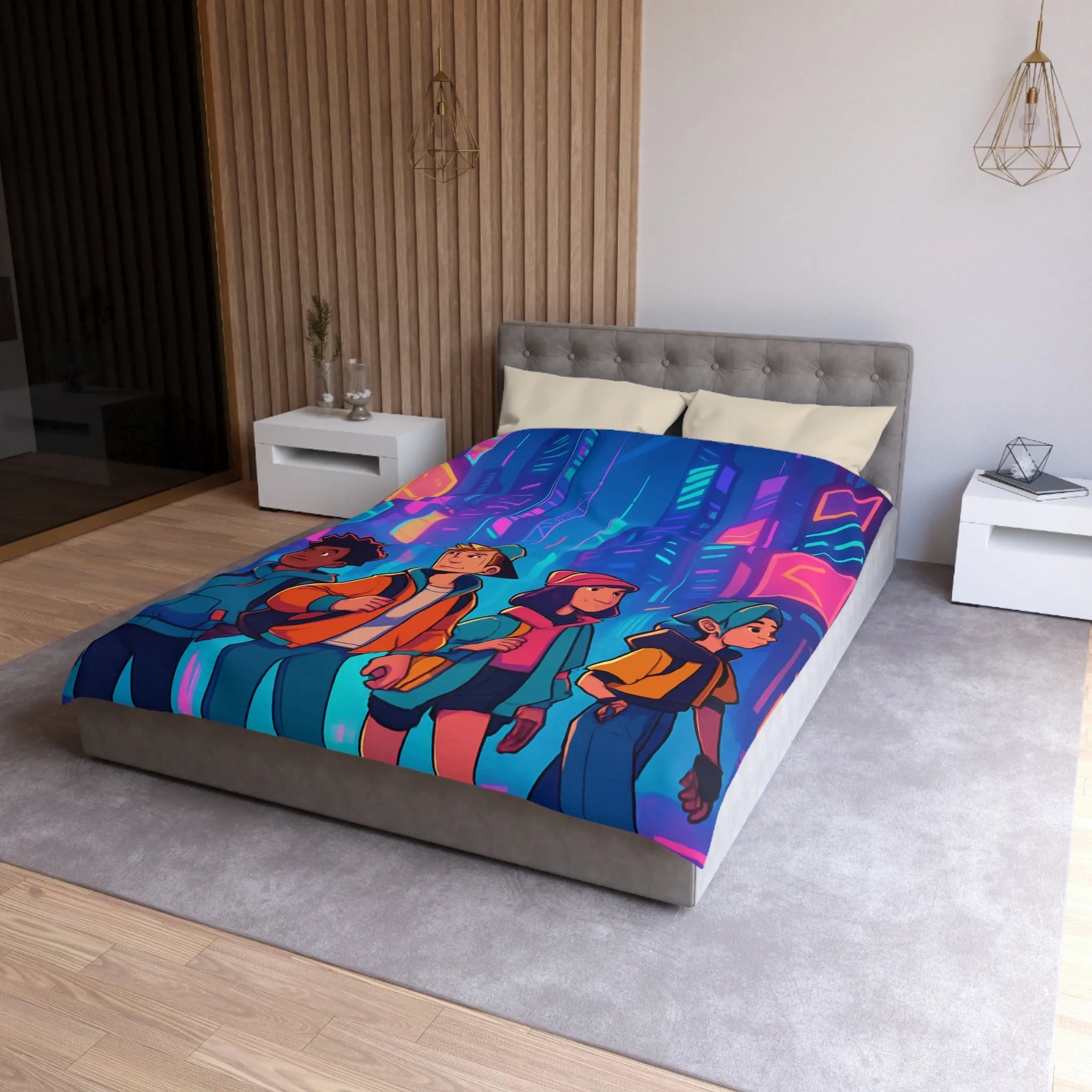 Couette Futuriste Enfants Explorateurs Style Rétro-Cyberpunk avec Néons Colorés pour Chambre Moderne