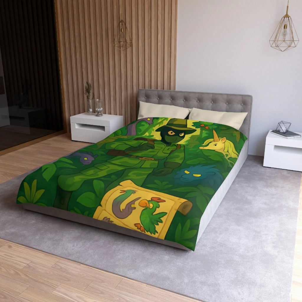 Housse de couette avec explorateur aventurier parmi créatures fantastiques et forêt luxuriante