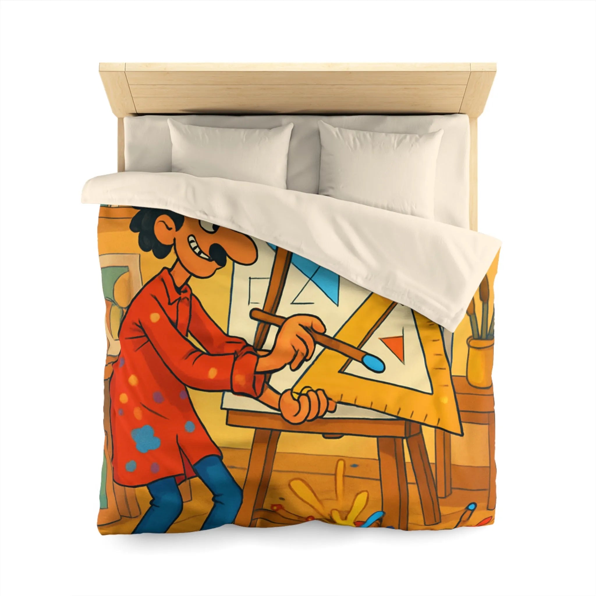 Housse de couette artistique avec motif géométrique et artiste cartoon en atelier coloré