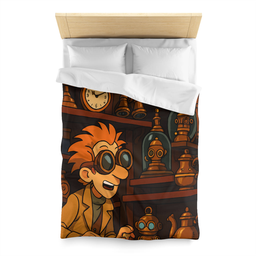 Housse de couette steampunk avec engrenages dorés et inventeur aux lunettes futuristes