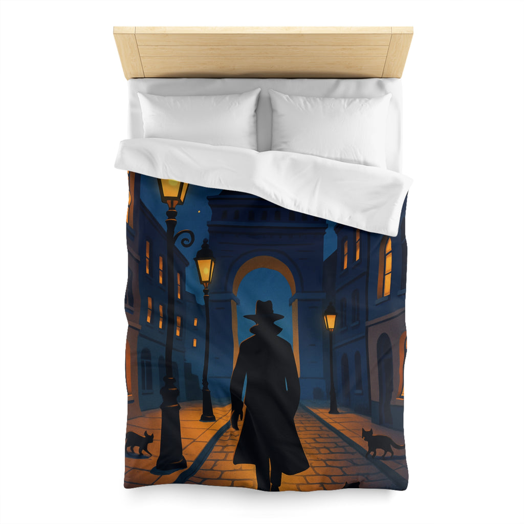 Housse de couette noire mystérieuse, silhouette d'homme avec chats et lampadaires nocturnes