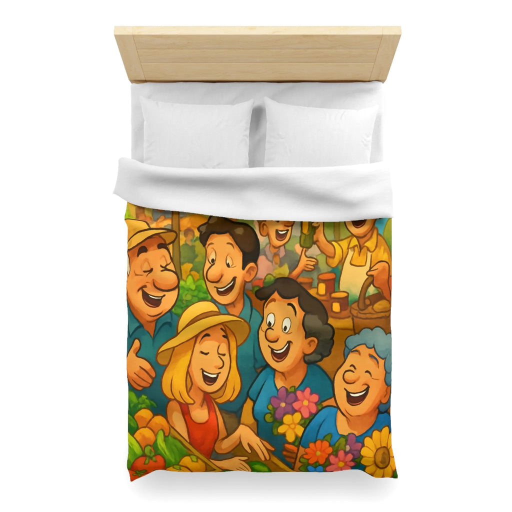 Housse de couette avec illustration joyeuse d'un marché animé et coloré