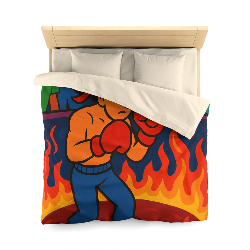 Housse de couette originale avec boxeur entouré de flammes et foule colorée