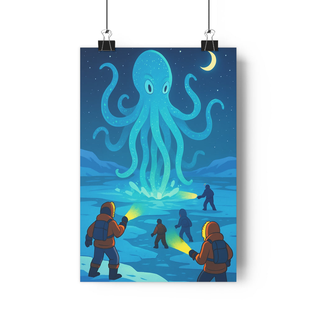 Poster décoratif créature arctique cartoon mystérieux chambre bureau explorateur aventure coloré lumineux glace captivant