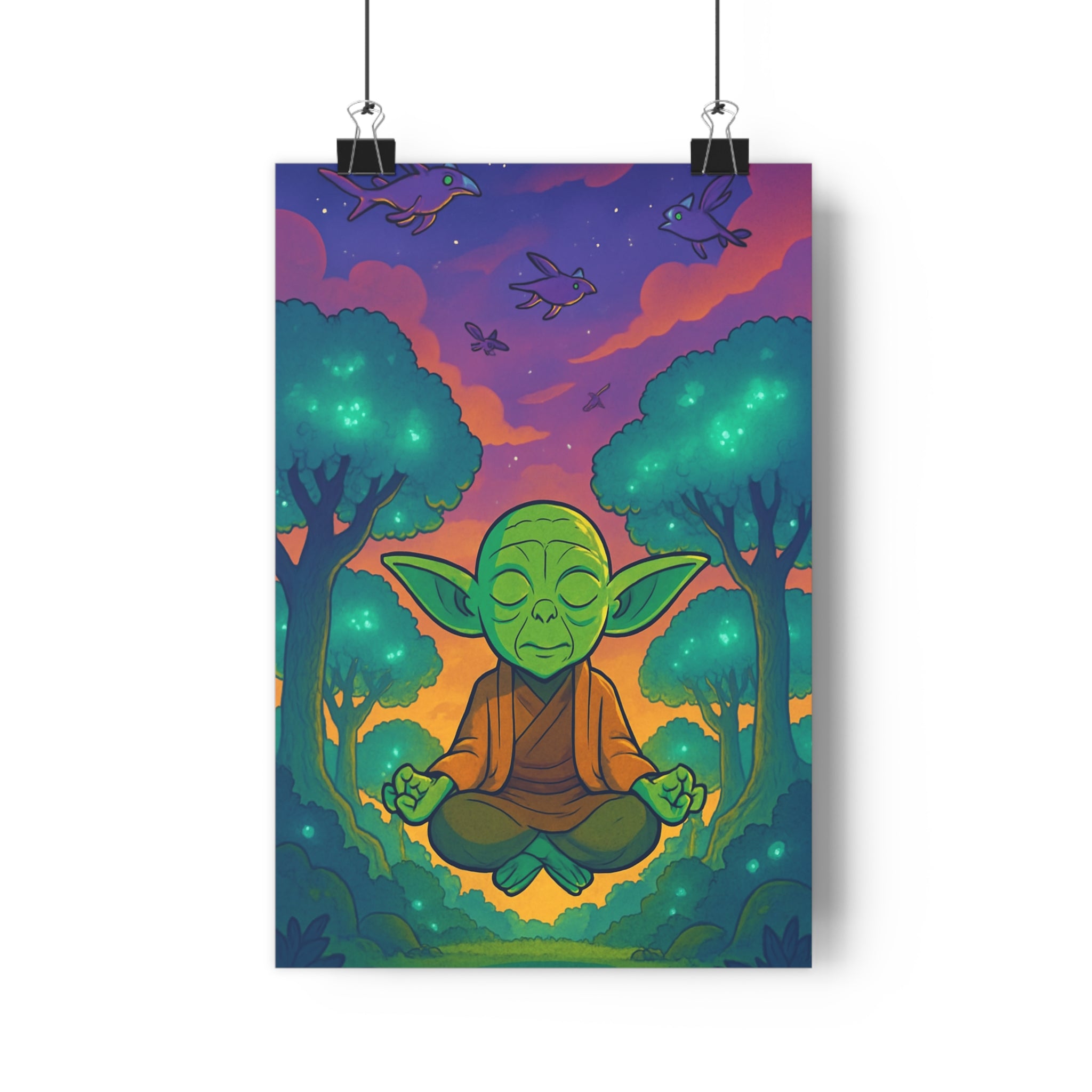 Poster décoratif art cartoon zen vert violet bleu forêt méditation bureau détente harmonieux 30x46