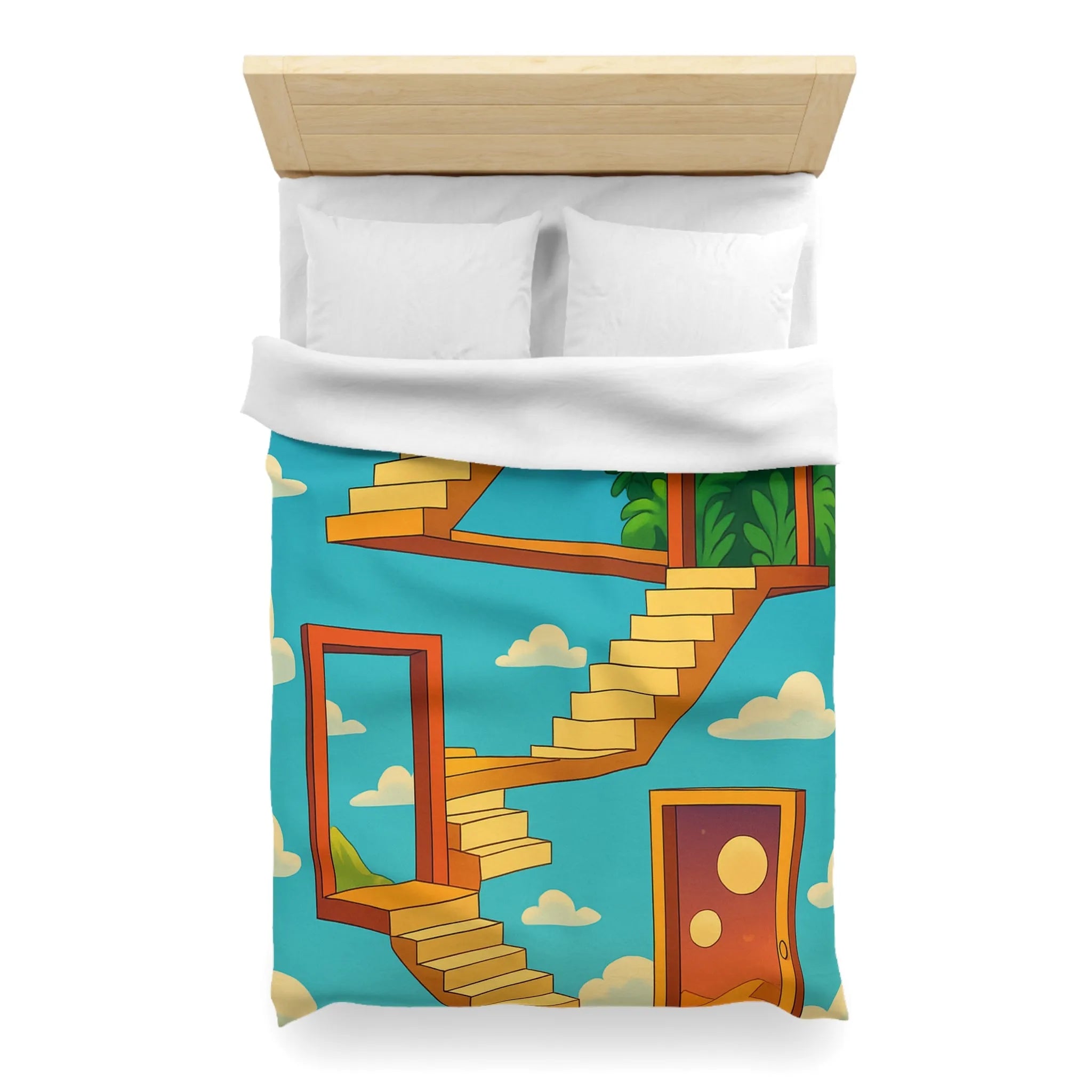 Housse de couette avec escaliers infinis et paysage surréaliste, ciel étoilé