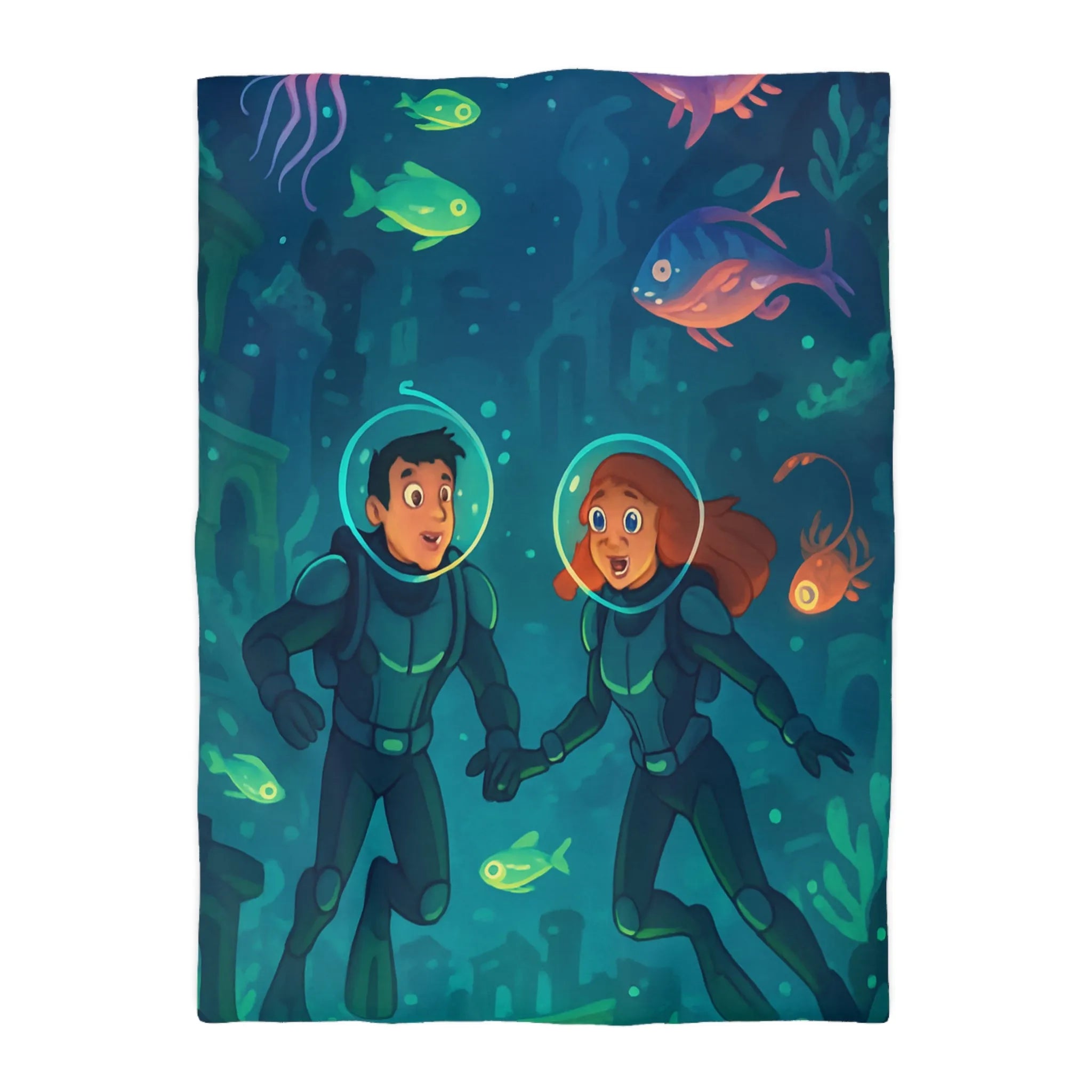 Admirez la Housse de Couette Océanique avec Explorateurs Sous-marins et Vie Marine Vibrante