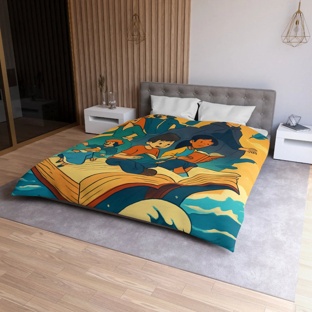 Housse de couette enfant rêve fantastique avec livre, vagues et personnages imaginaires