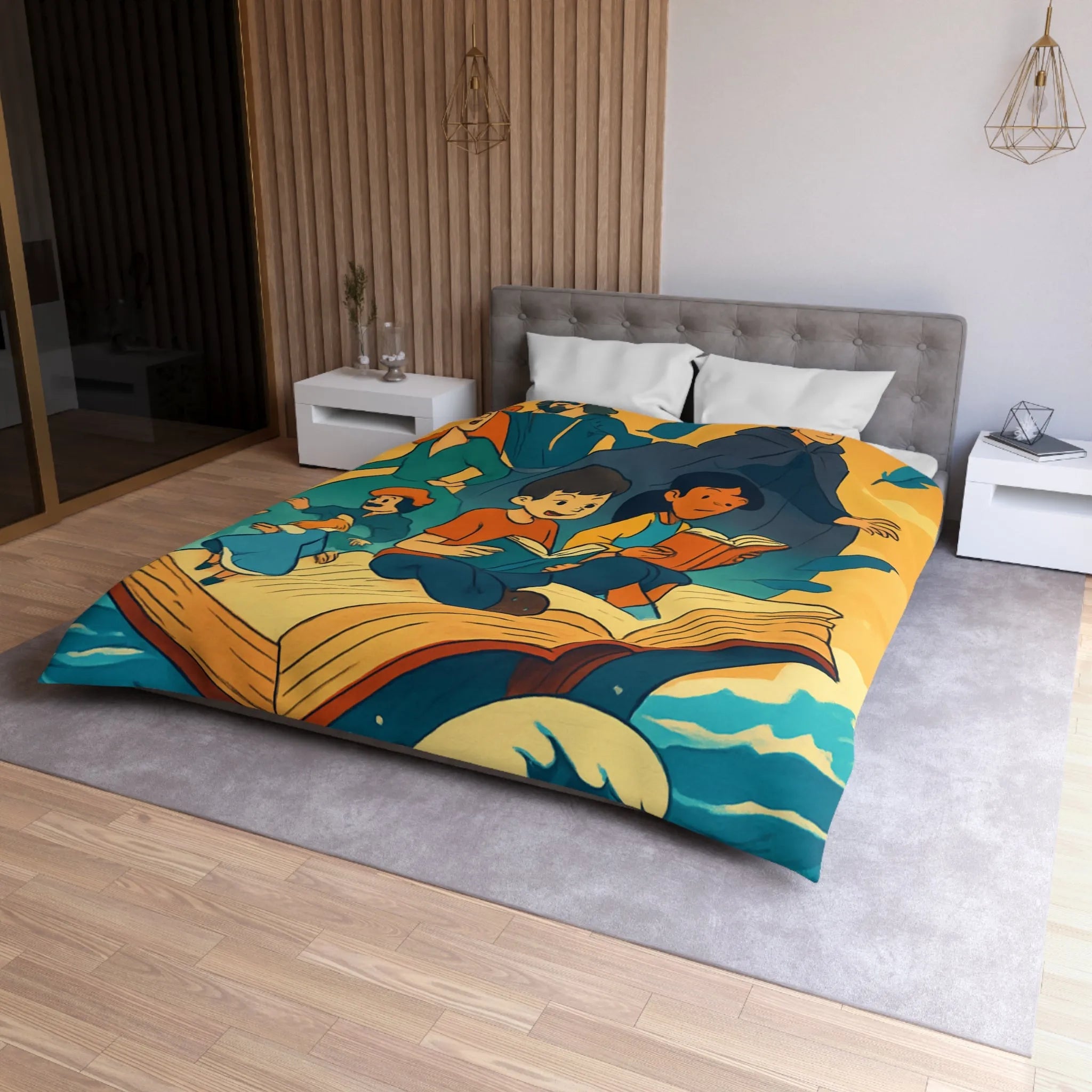 Housse de couette enfant rêve fantastique avec livre, vagues et personnages imaginaires