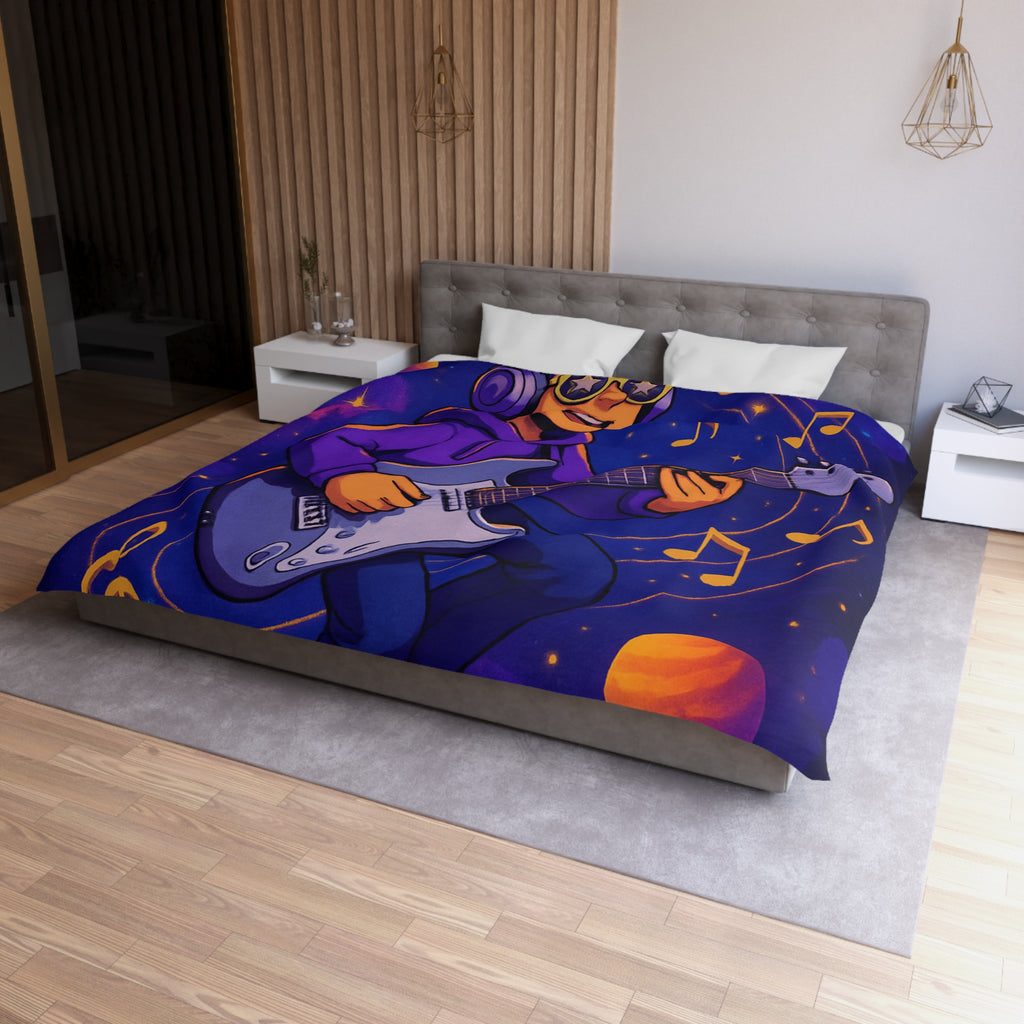 Housse de couette musicale avec planète, guitare et ciel cosmique coloré, ambiance rêveuse