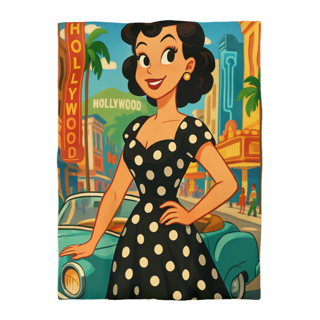 Housse de couette rétro Hollywood années 50 avec motifs de voitures vintage et palmiers