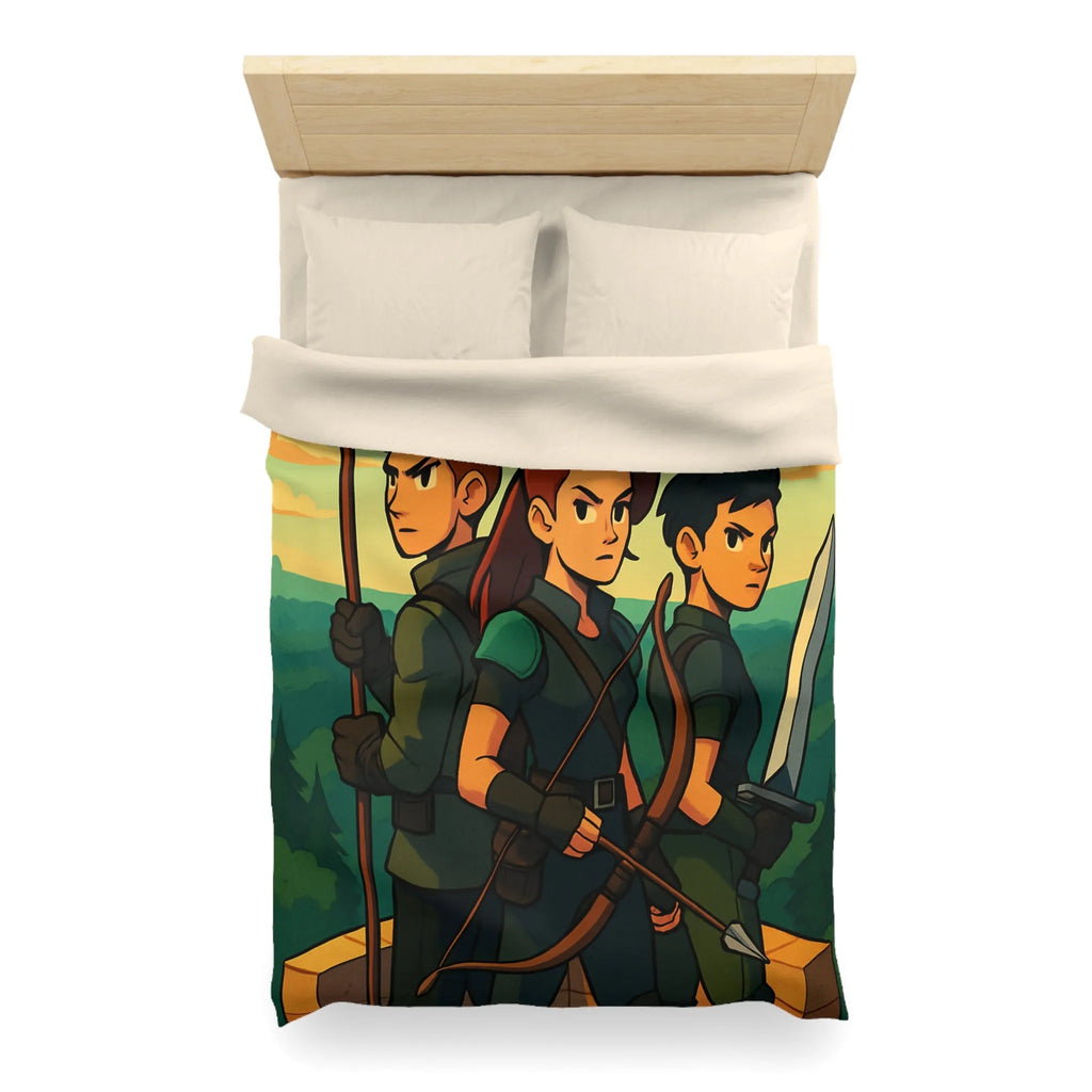 Housse de couette illustrée trois héros médiévaux arc épée forêt château aube