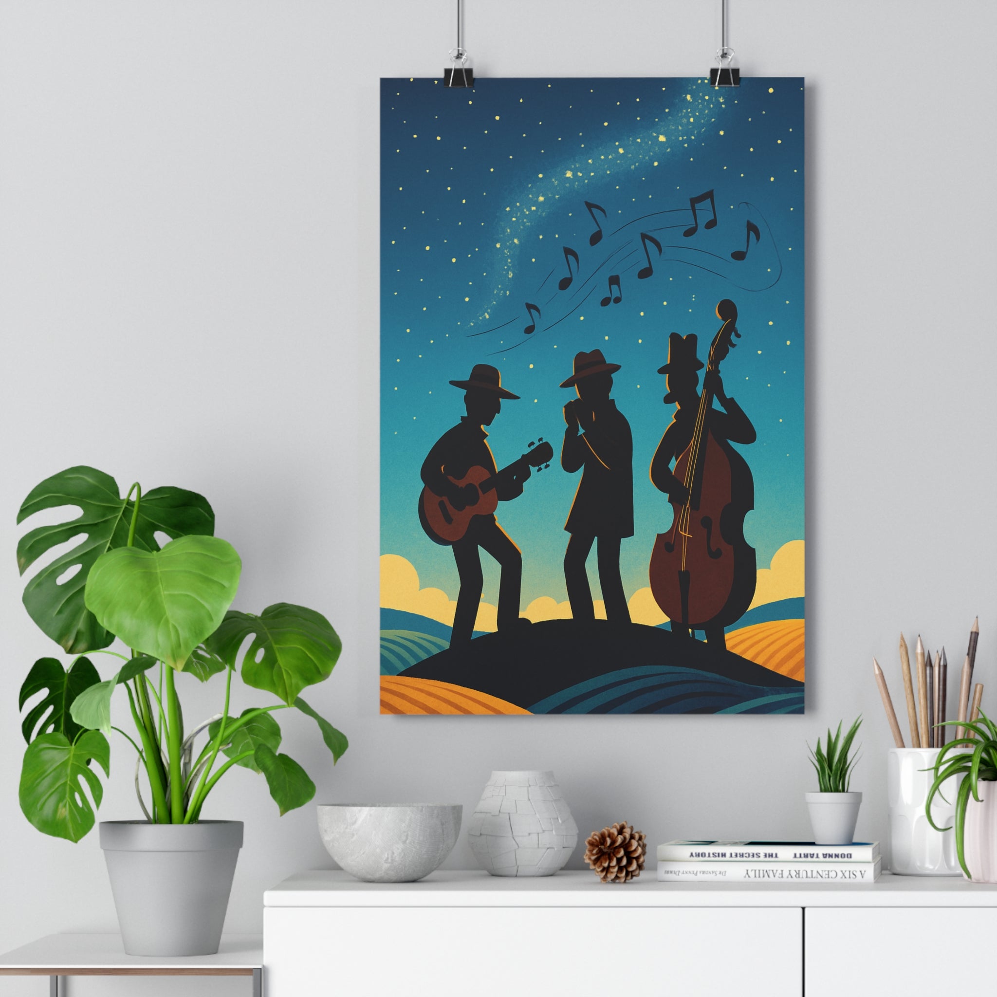 Poster décoratif musique poétique rêveur bleu jaune salon harmonieux 30x46 musiciens artistique élégant ambiance