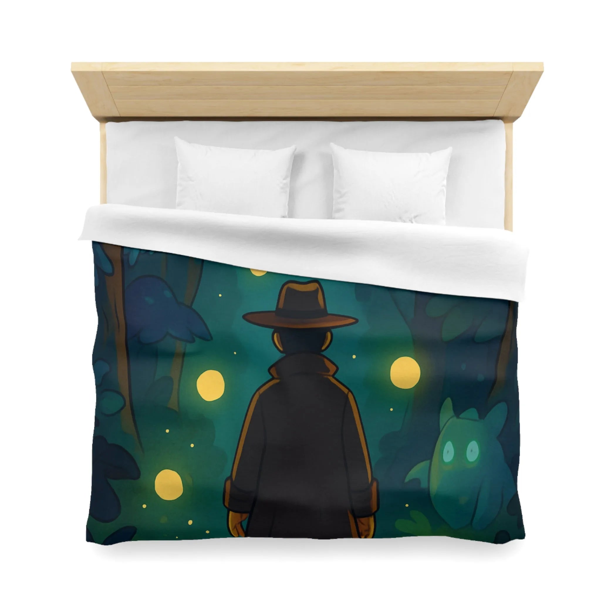 Housse de Couette Forêt Mystique avec Créatures Lumineuses et Promeneur en Chapeau