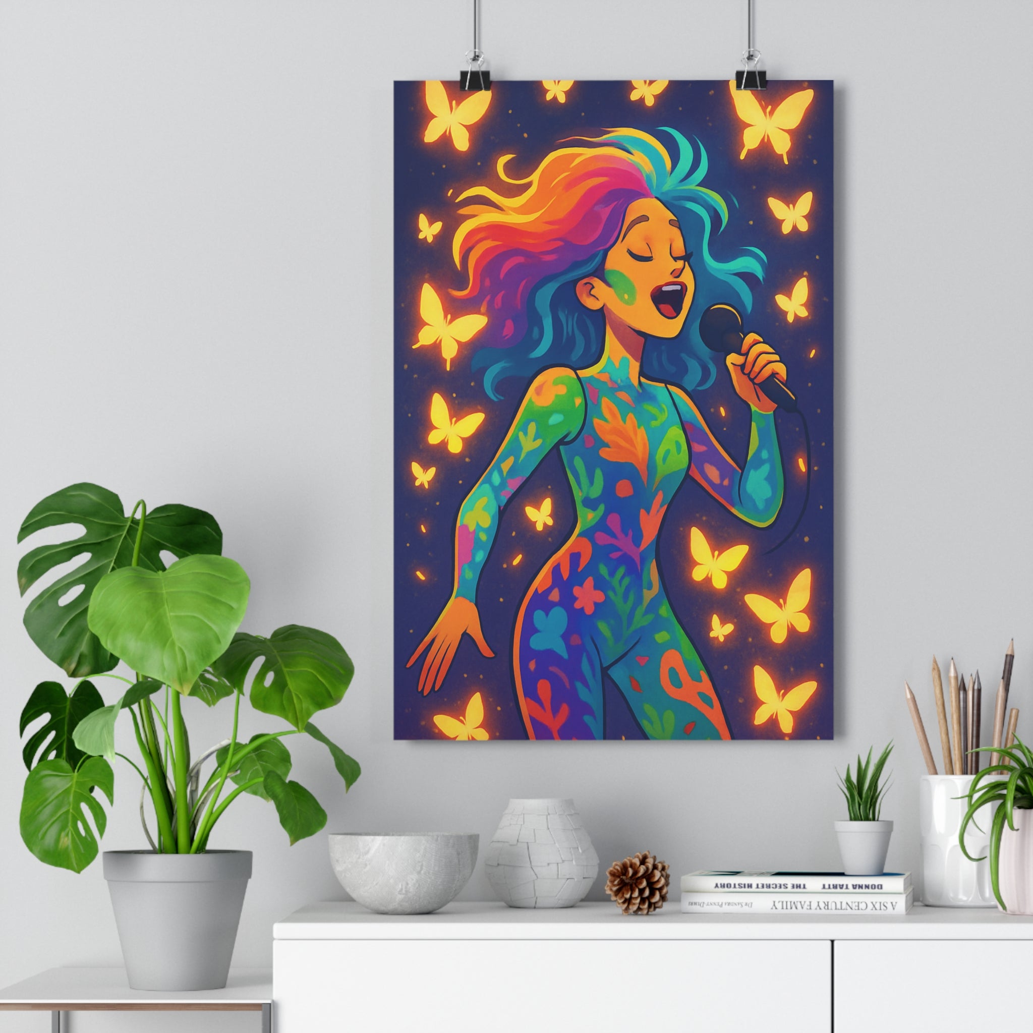 Poster décoratif surréaliste multicolore vibrant magique chambre créatif papillons lumineux chanteuse féminin 30x46 qualité