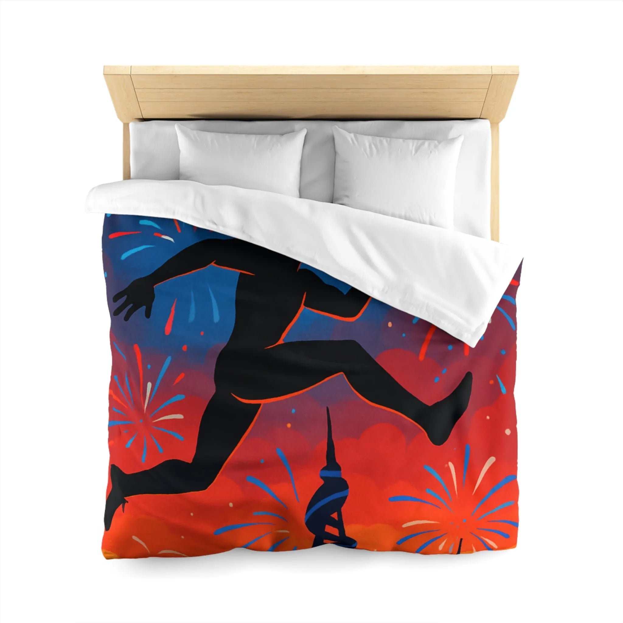 Housse de couette avec silhouette sportive et feux d'artifice, ambiance nocturne colorée