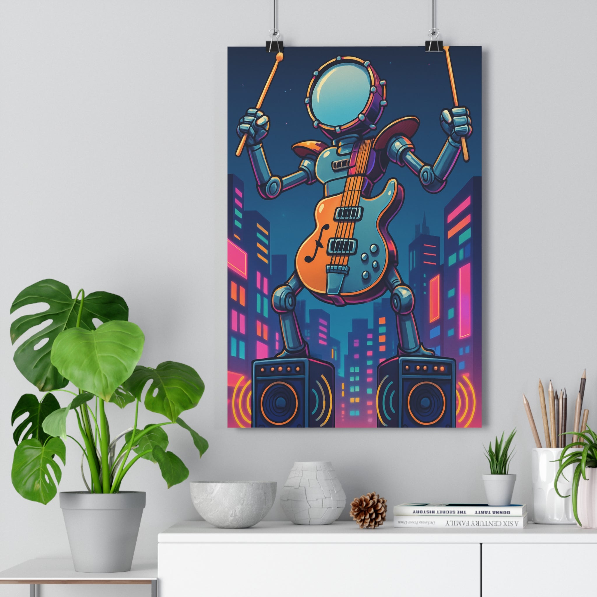Poster décoratif robot cyberpunk couleurs métalliques vives moderne ambiance dynamique musique chambre salon qualité