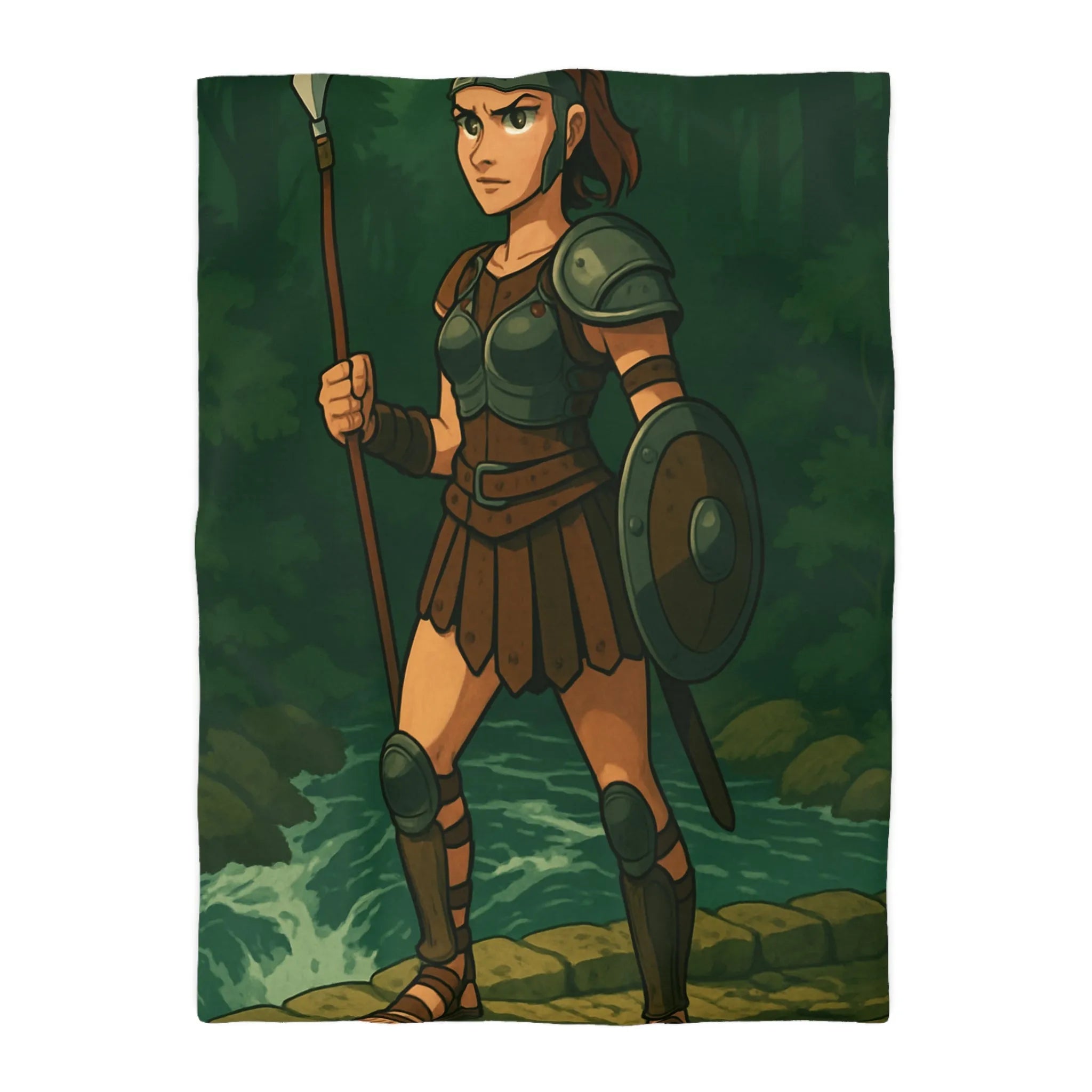 Housse de couette héroïque avec guerrière médiévale dans forêt mystique ambiance aventure épique