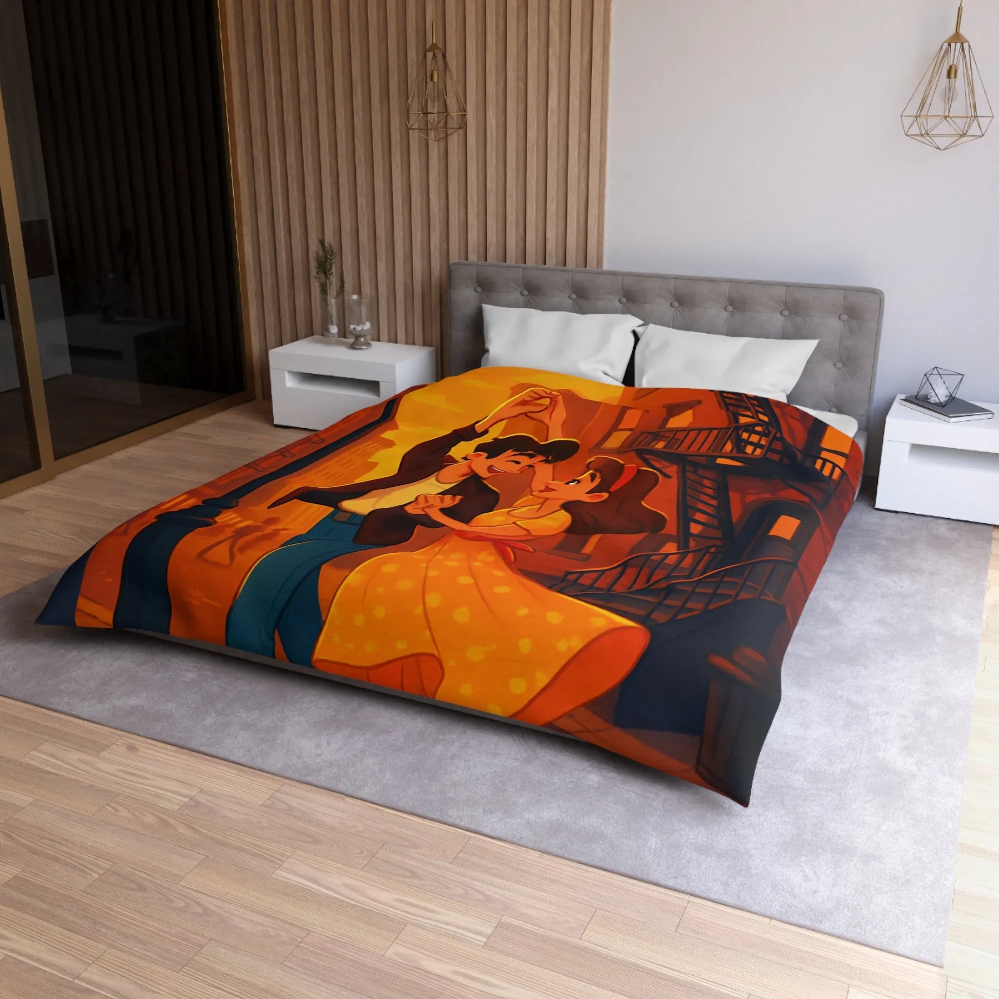 Danse romantique rétro sous réverbère vintage, ambiance urbaine crépusculaire charmante et nostalgique