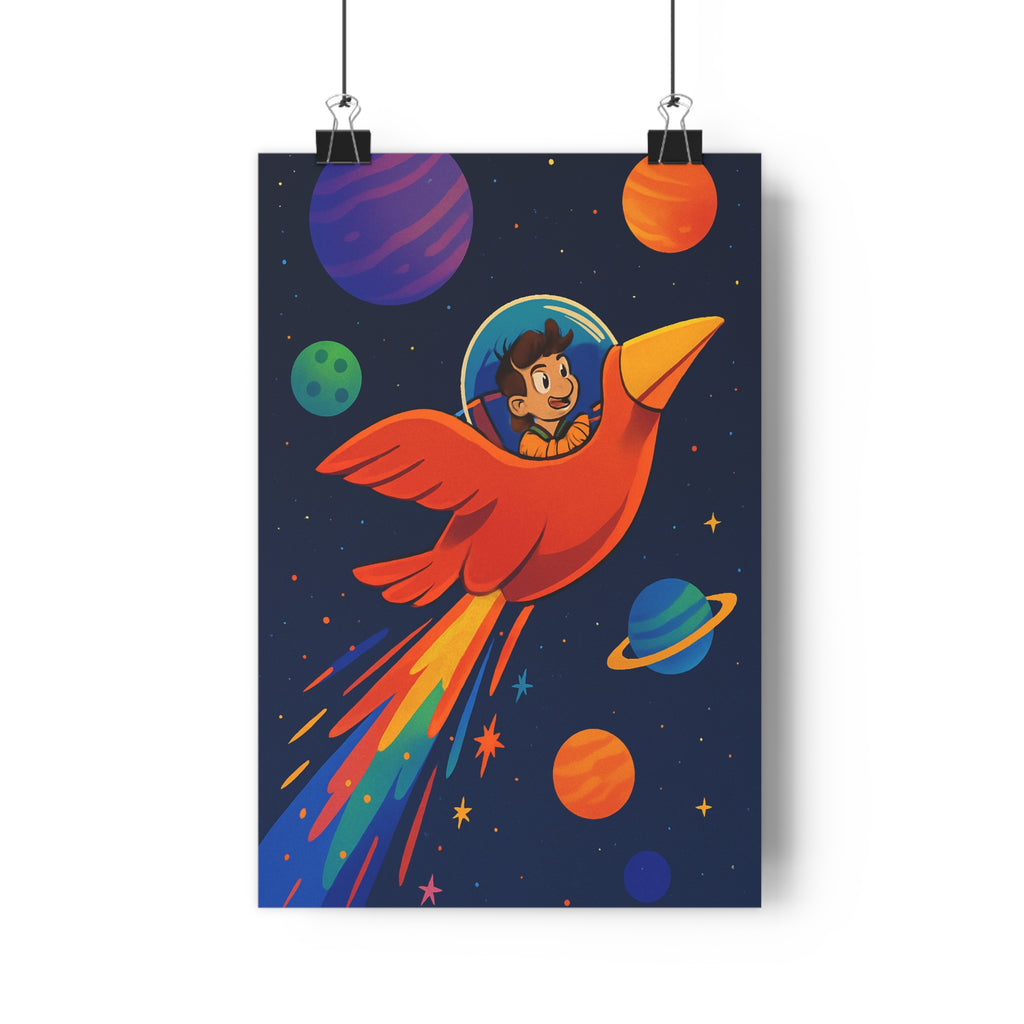 Poster décoratif capsule spatiale rouge univers coloré illustratif aventure joyeux salon enfant moderne vibrant