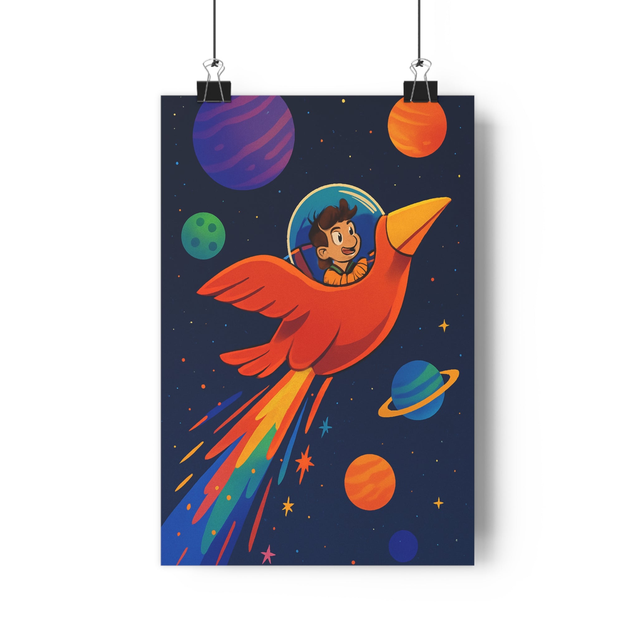 Poster décoratif capsule spatiale rouge univers coloré illustratif aventure joyeux salon enfant moderne vibrant