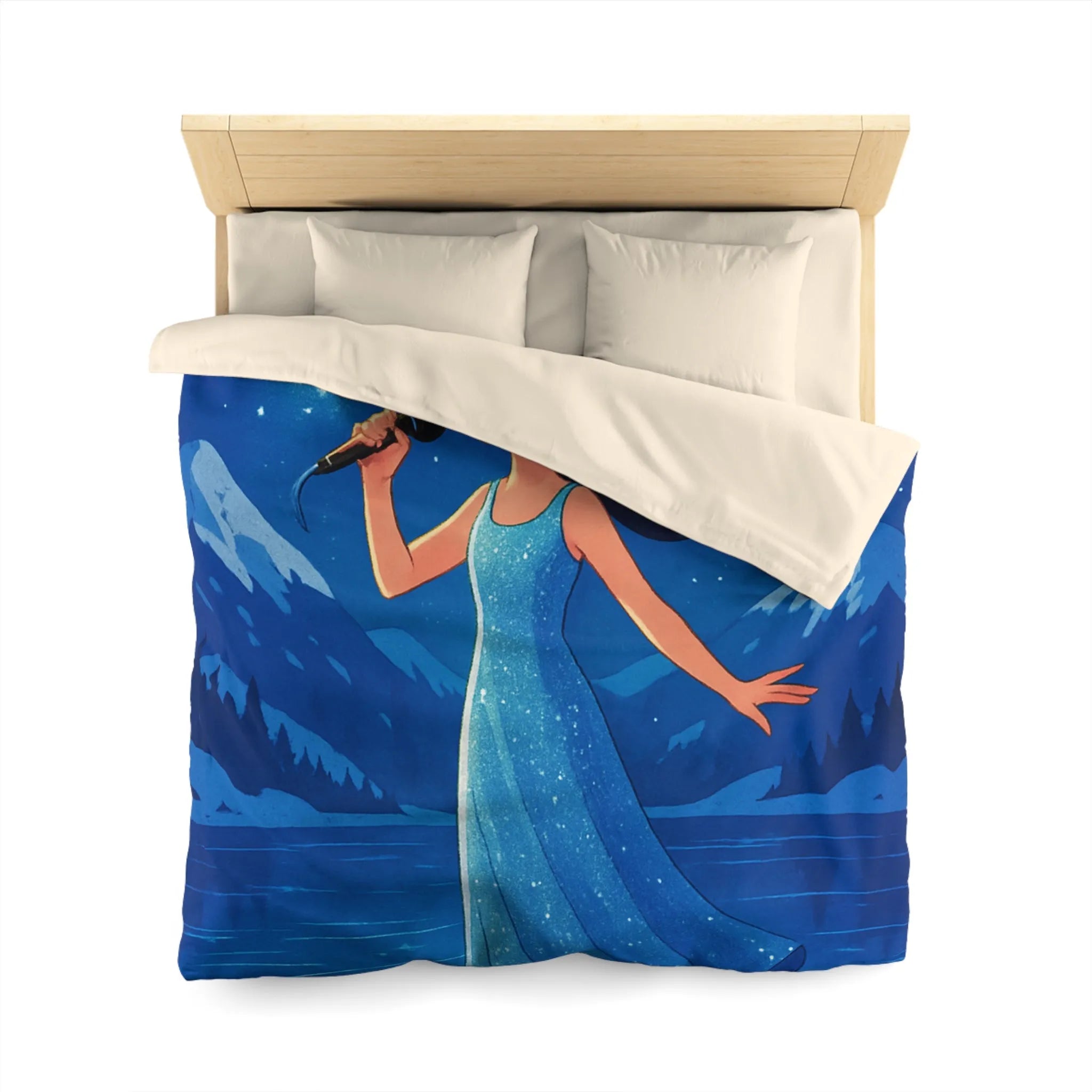 Housse de couette illustrée d'une chanteuse étoilée, robe bleu magique, montagnes enneigées