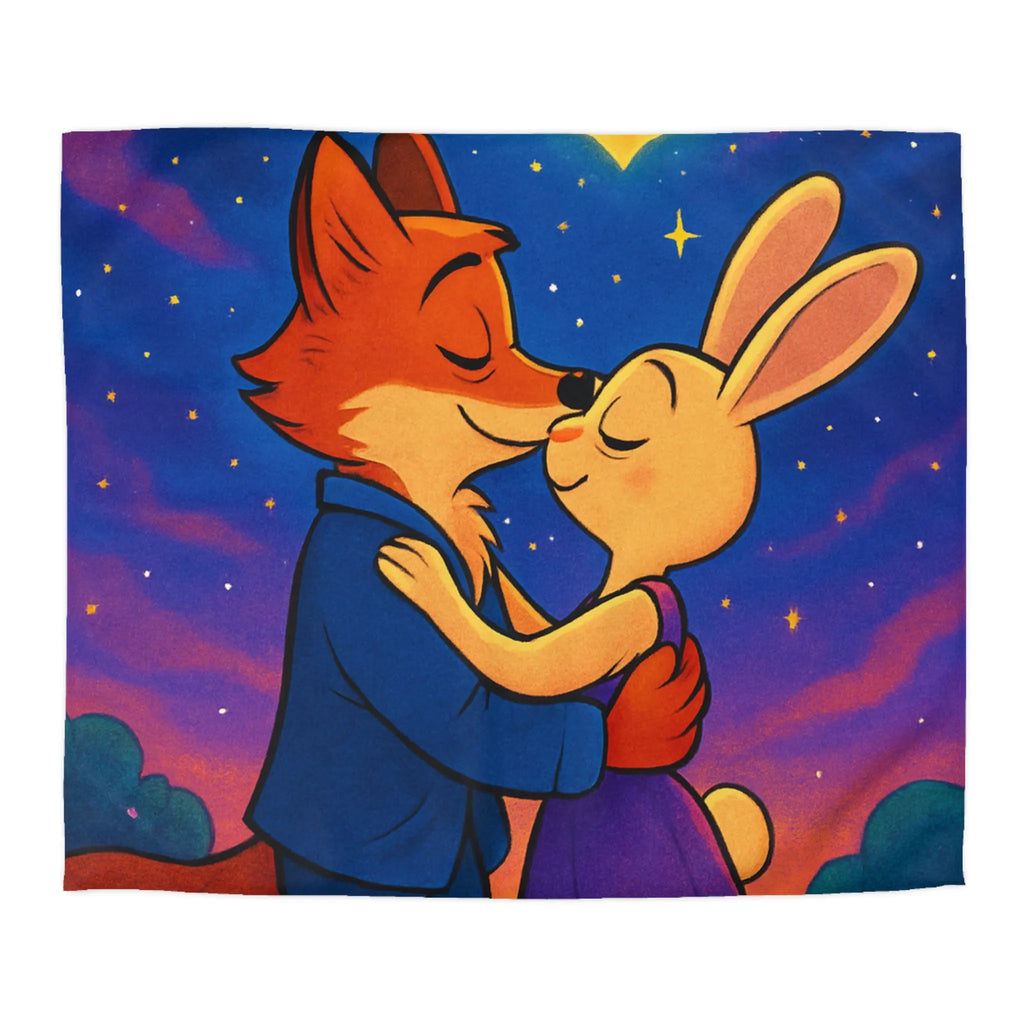 Housse de couette avec renard et lapin amoureux sous ciel étoilé romantique