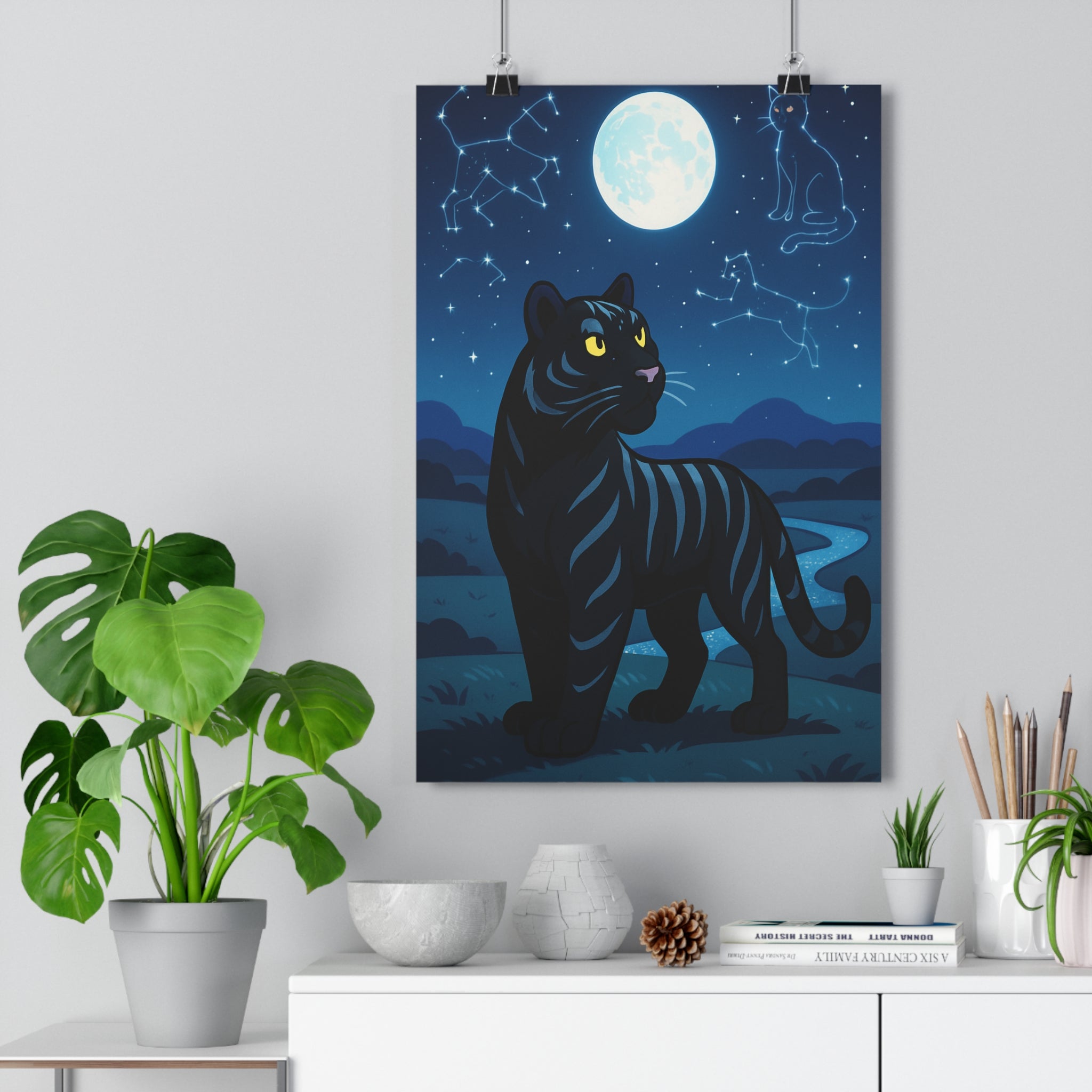 Poster décoratif tigre nocturne bleu noir mystique ambiance magique salon chambre élégant tendance qualité