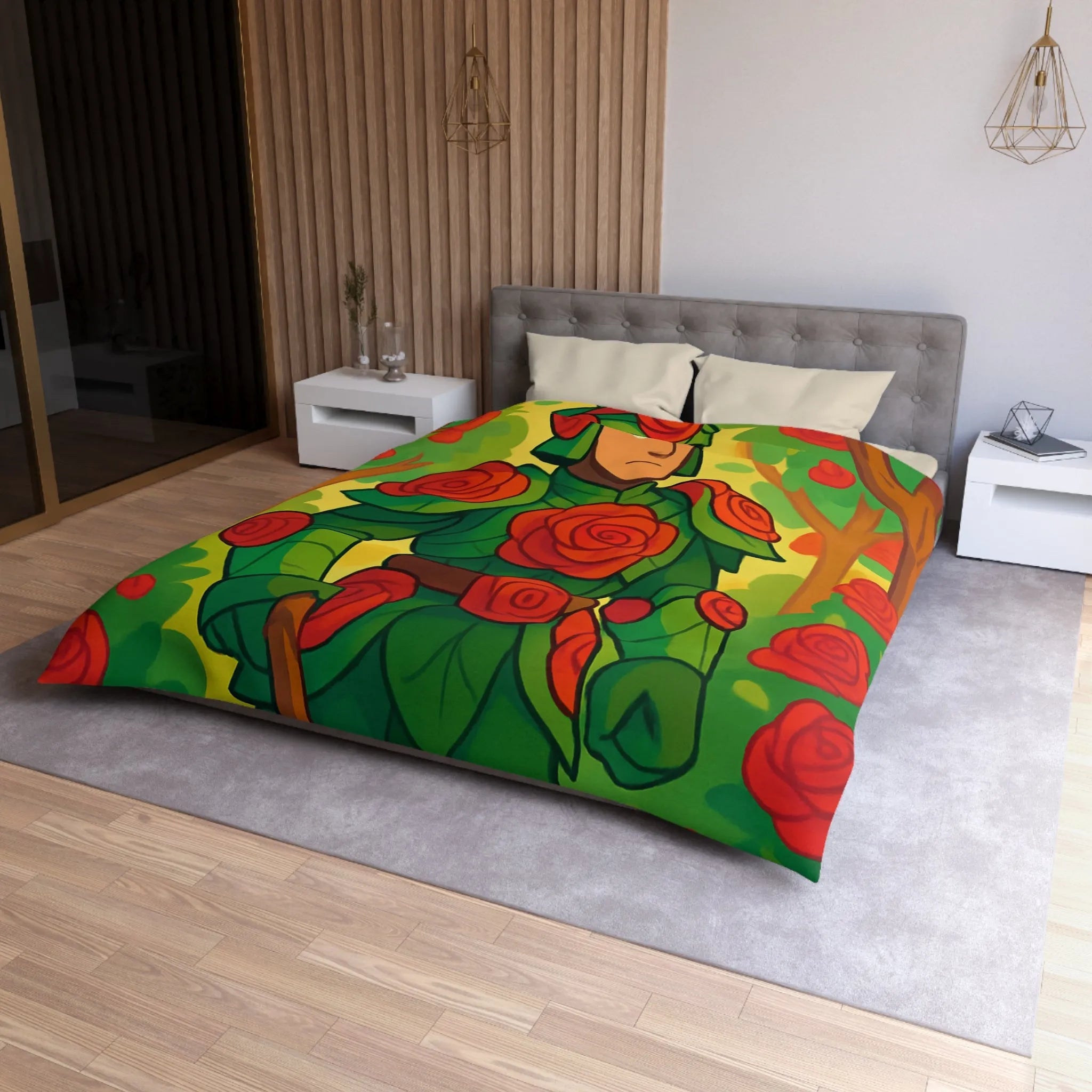 Housse de couette au design chevalier floral avec roses rouges et feuillage vert