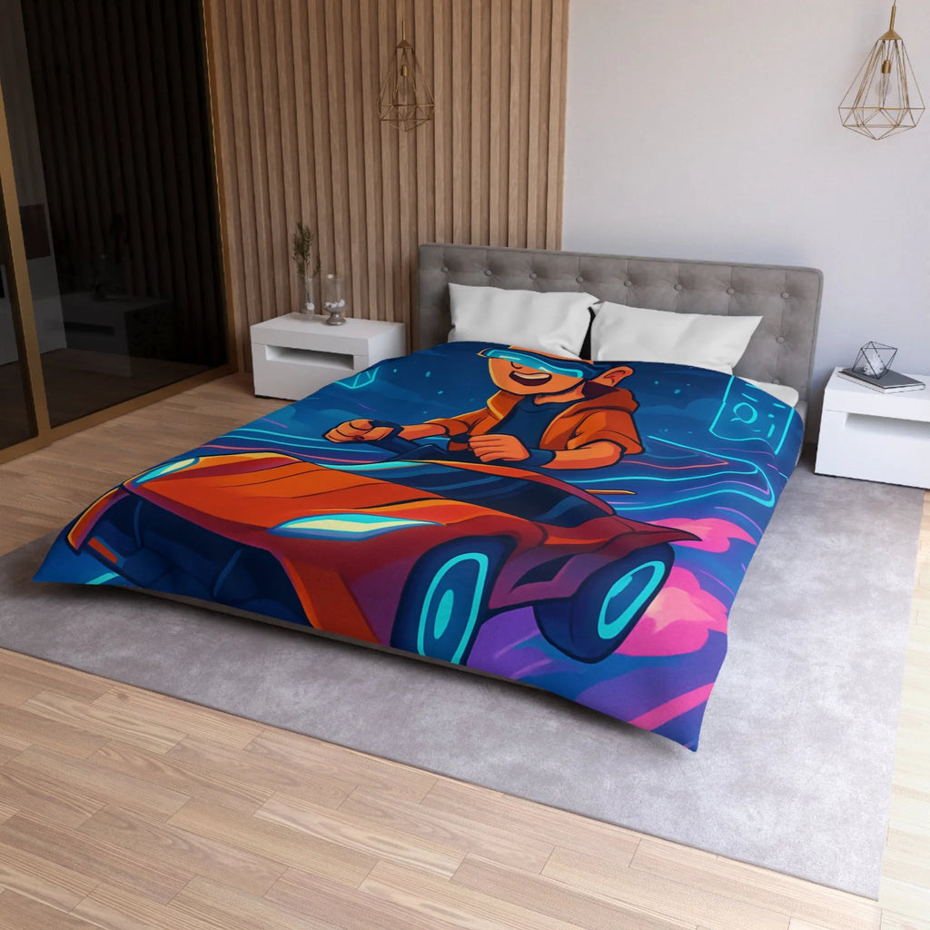 Housse de couette aventure virtuelle : joueur futuriste avec voiture de course dynamique et colorée
