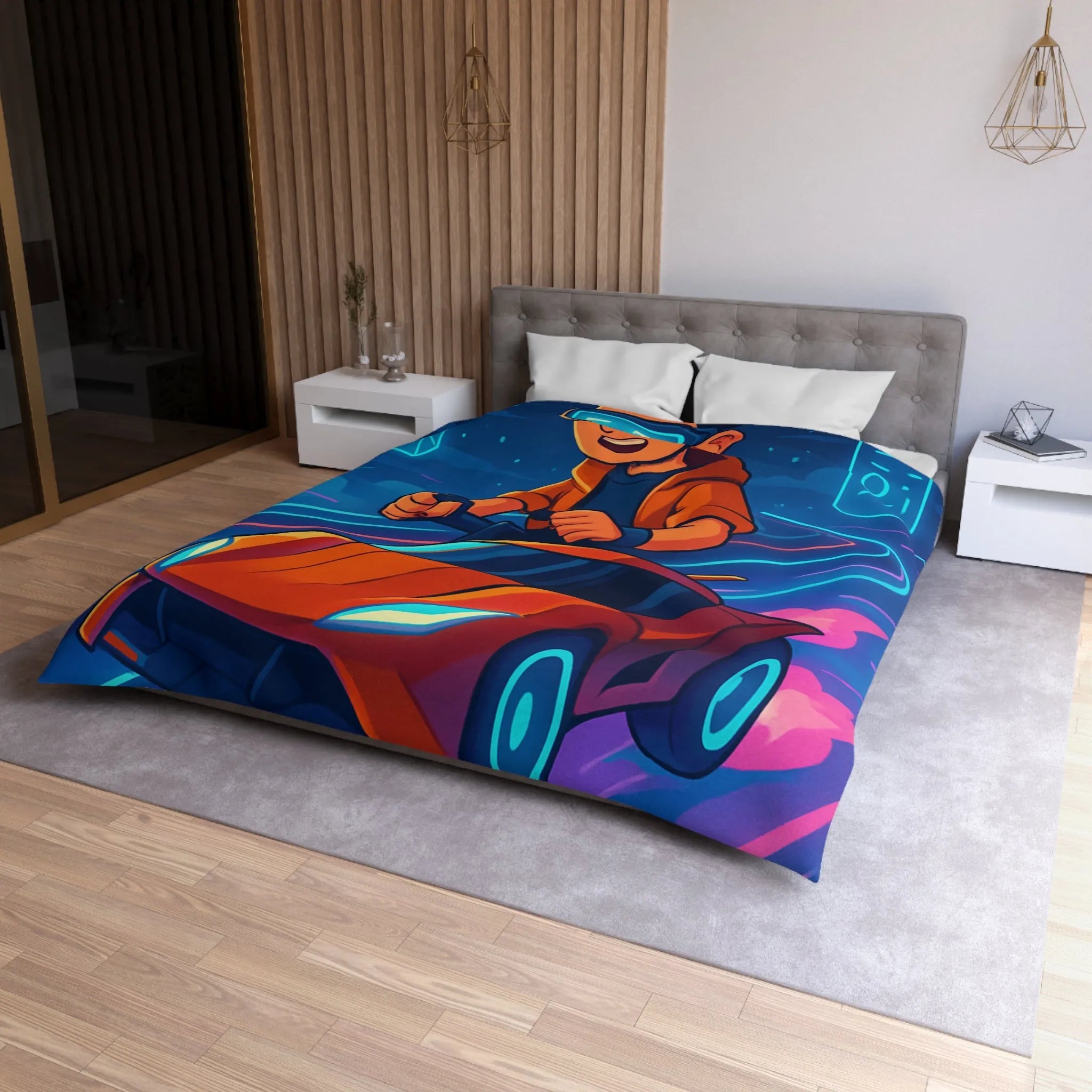 Housse de couette aventure virtuelle : joueur futuriste avec voiture de course dynamique et colorée