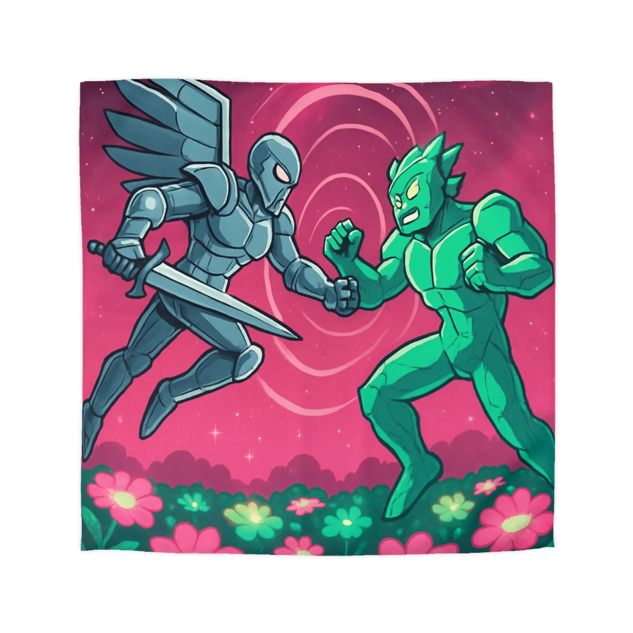 Housse de couette illustrée super-héros ailé avec scène de combat cosmique floral coloré