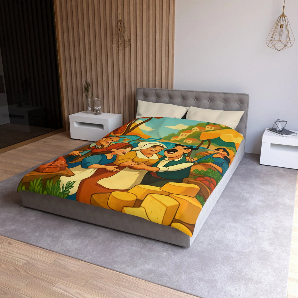 Housse de couette ambiance marché méditerranéen avec village en bord de mer