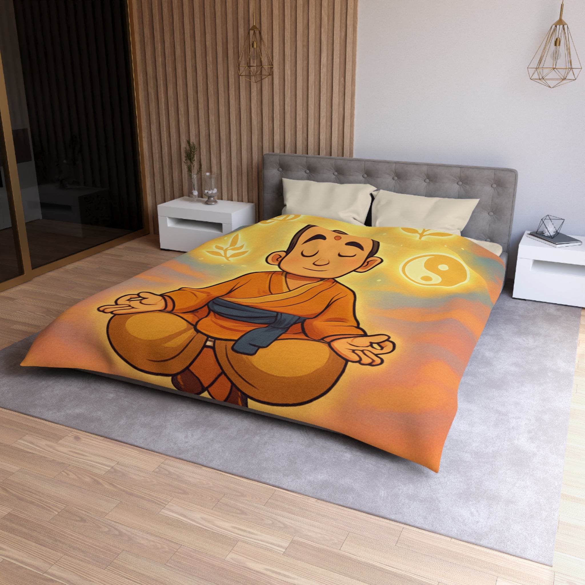 Housse de couette zen avec méditation, symboles spirituels, orange et bleu apaisant