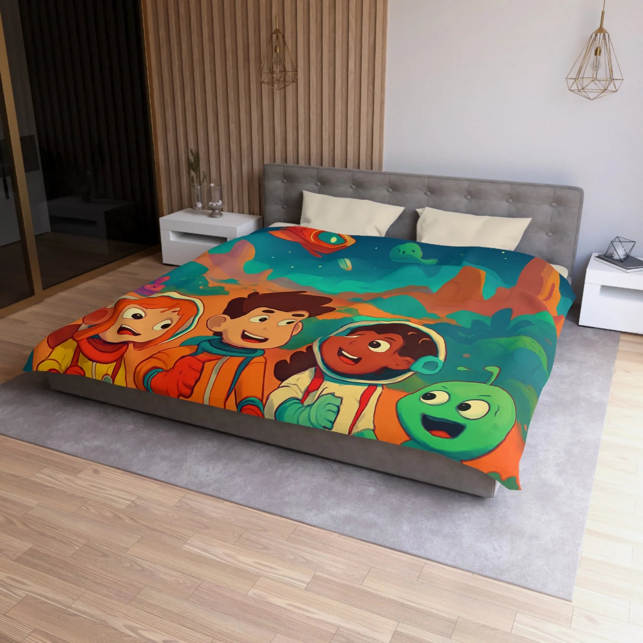 Housse de couette espace enfants, design coloré avec astronautes et paysages interstellaires