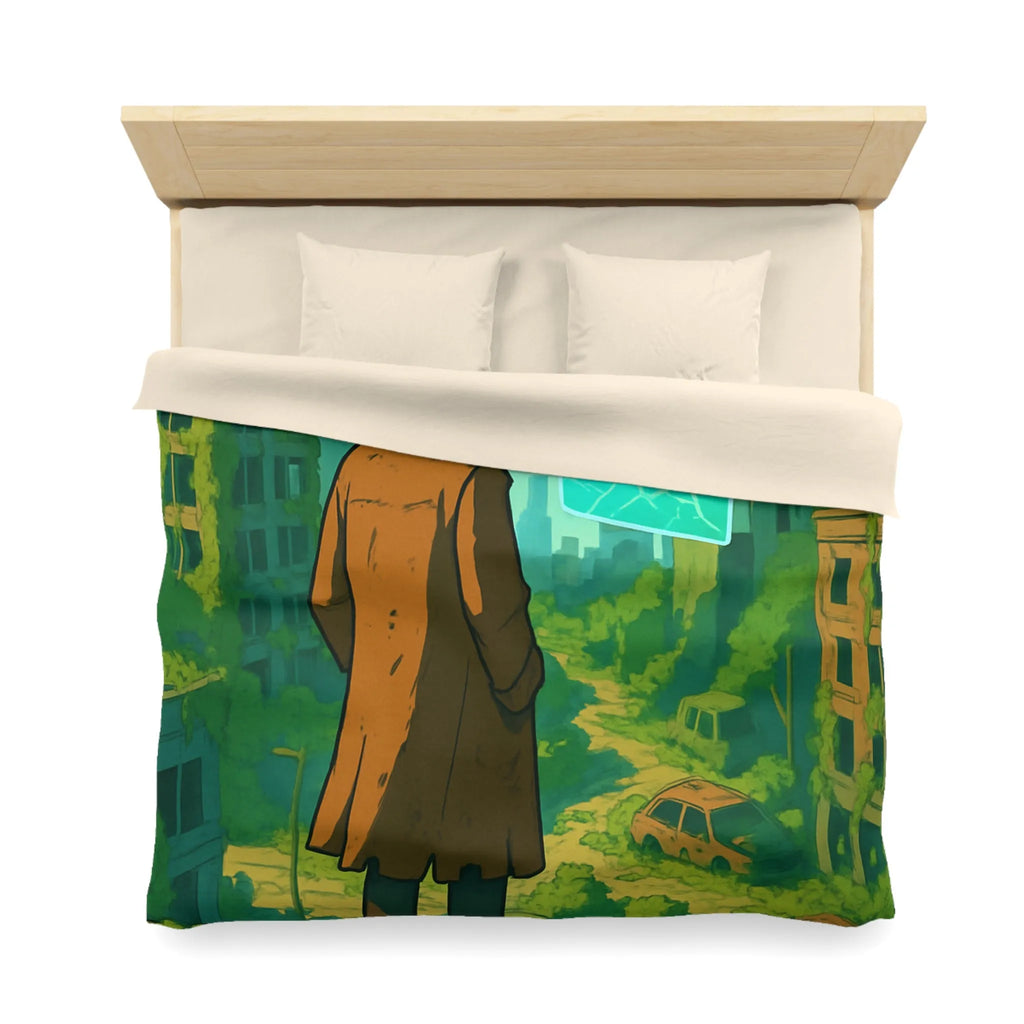 Housse de couette aventure post-apocalyptique avec drone et carte, style urbain nature