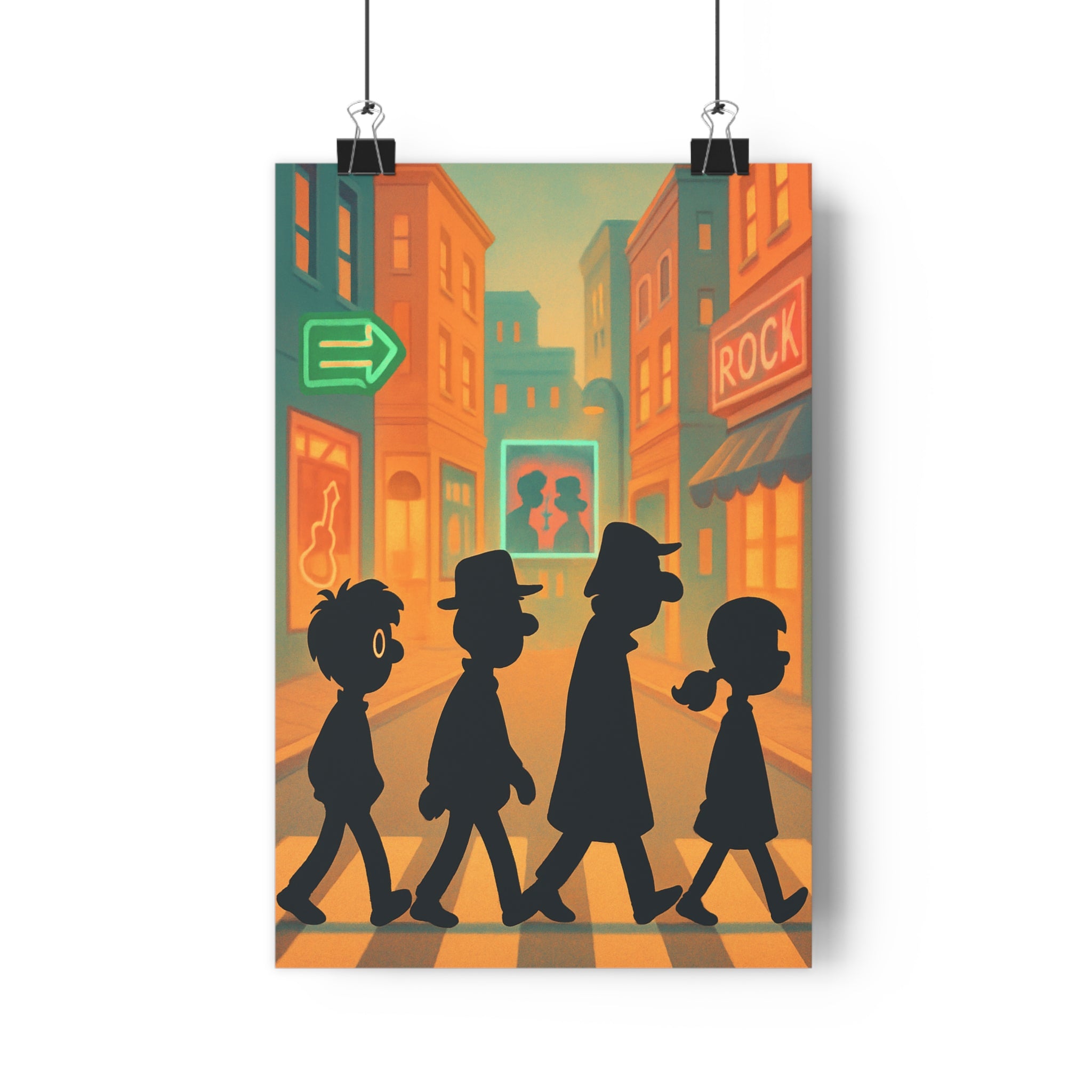 Poster décoratif rétro années 60 orange bleu vibrant salon bureau dessin animé nostalgique 30x46