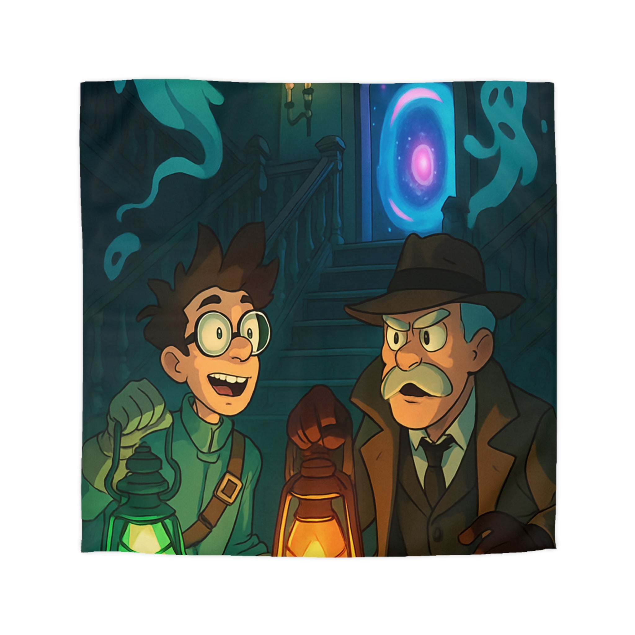 Housse de couette mystère avec lanternes, enquêteurs, fantômes et portail mystérieux