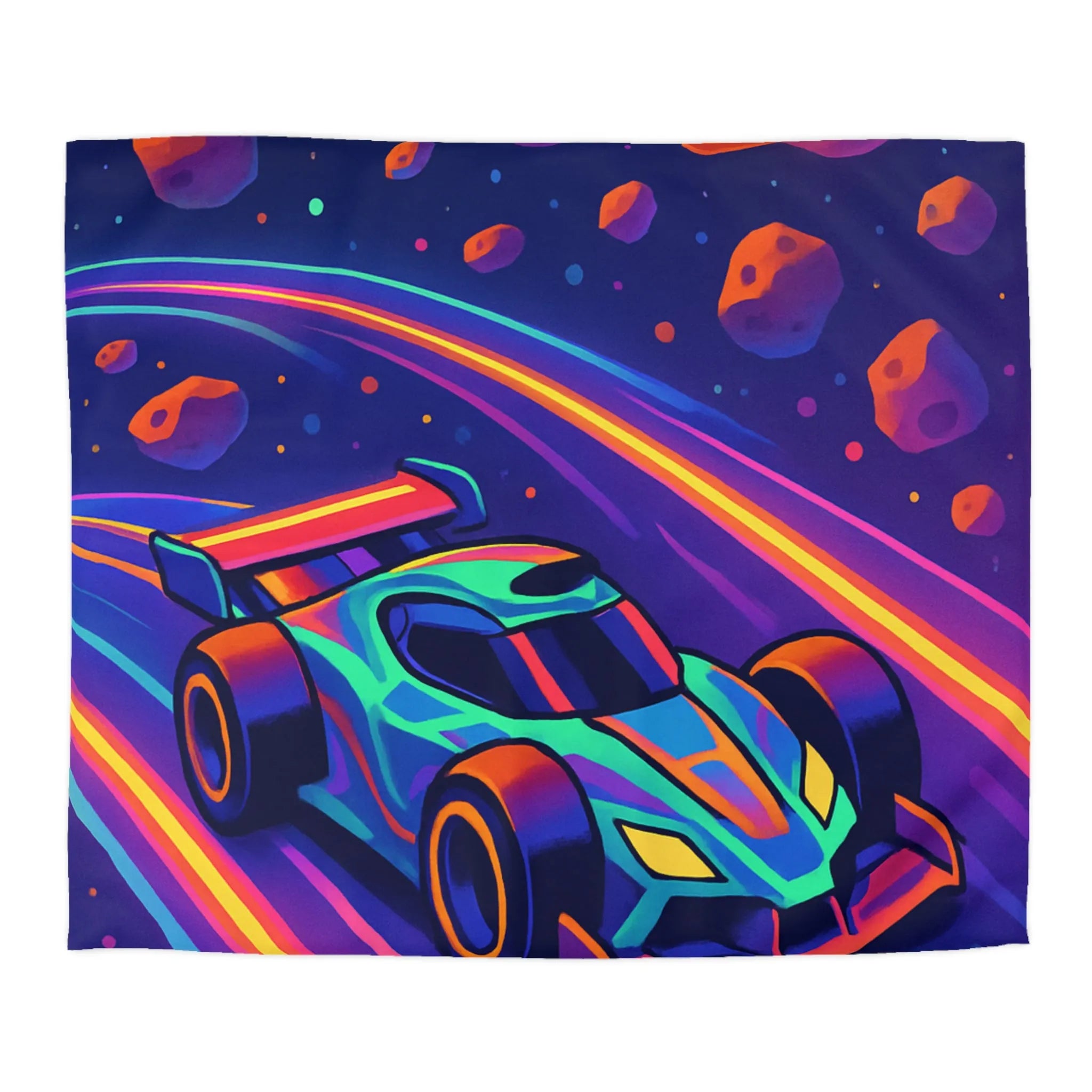 Éblouissante Housse de Couette avec Voiture Néon Galactique et Planètes Colorées