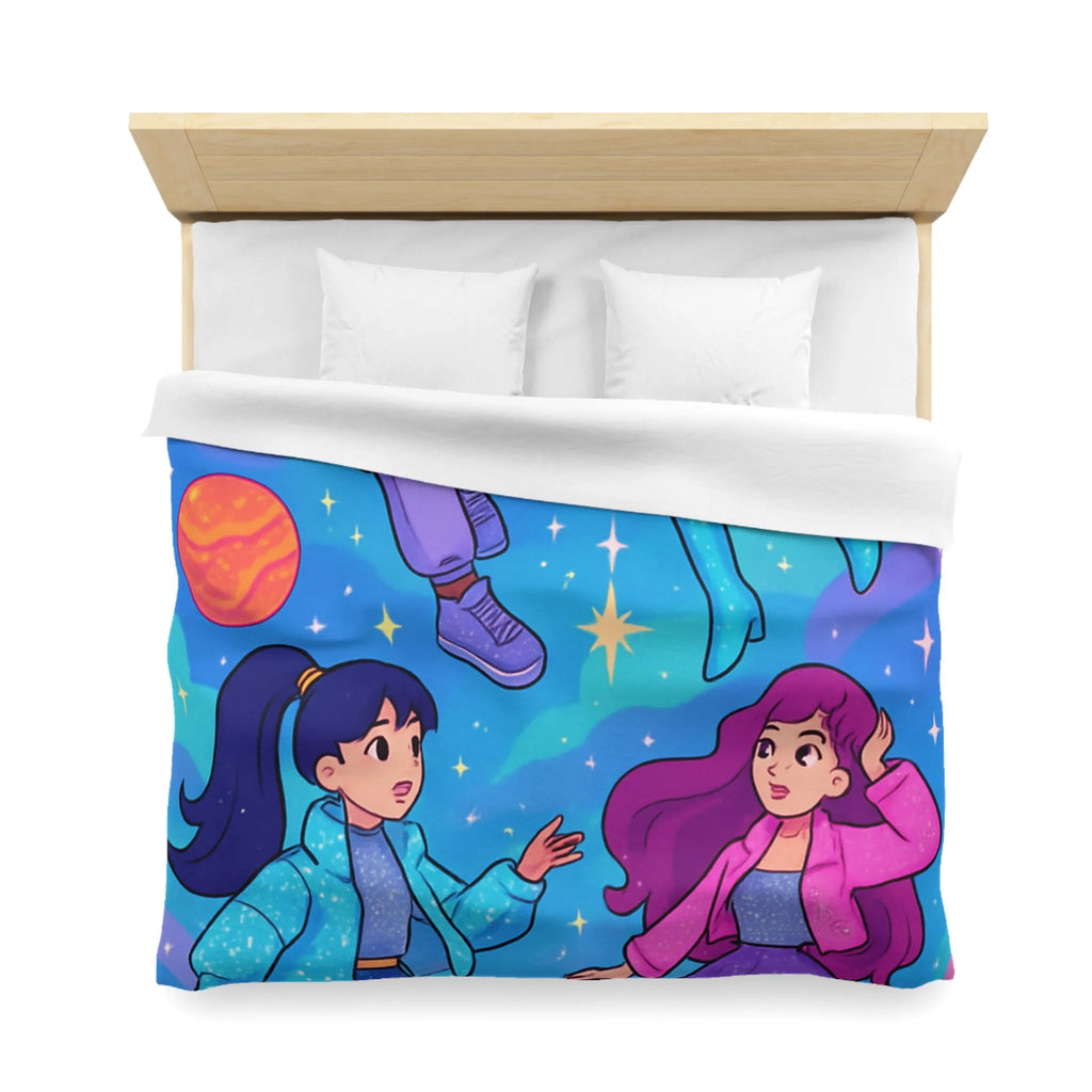 Housse de couette colorée avec filles dans l'espace et étoiles scintillantes joyeuses