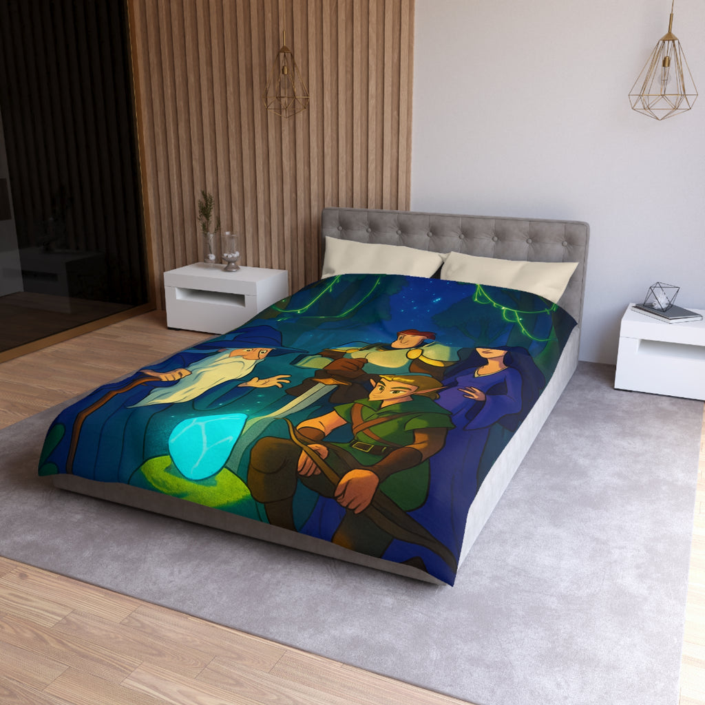 Personnages de Fantasy Réunis Autour d'un Cristal Lumineux dans la Forêt Enchantée