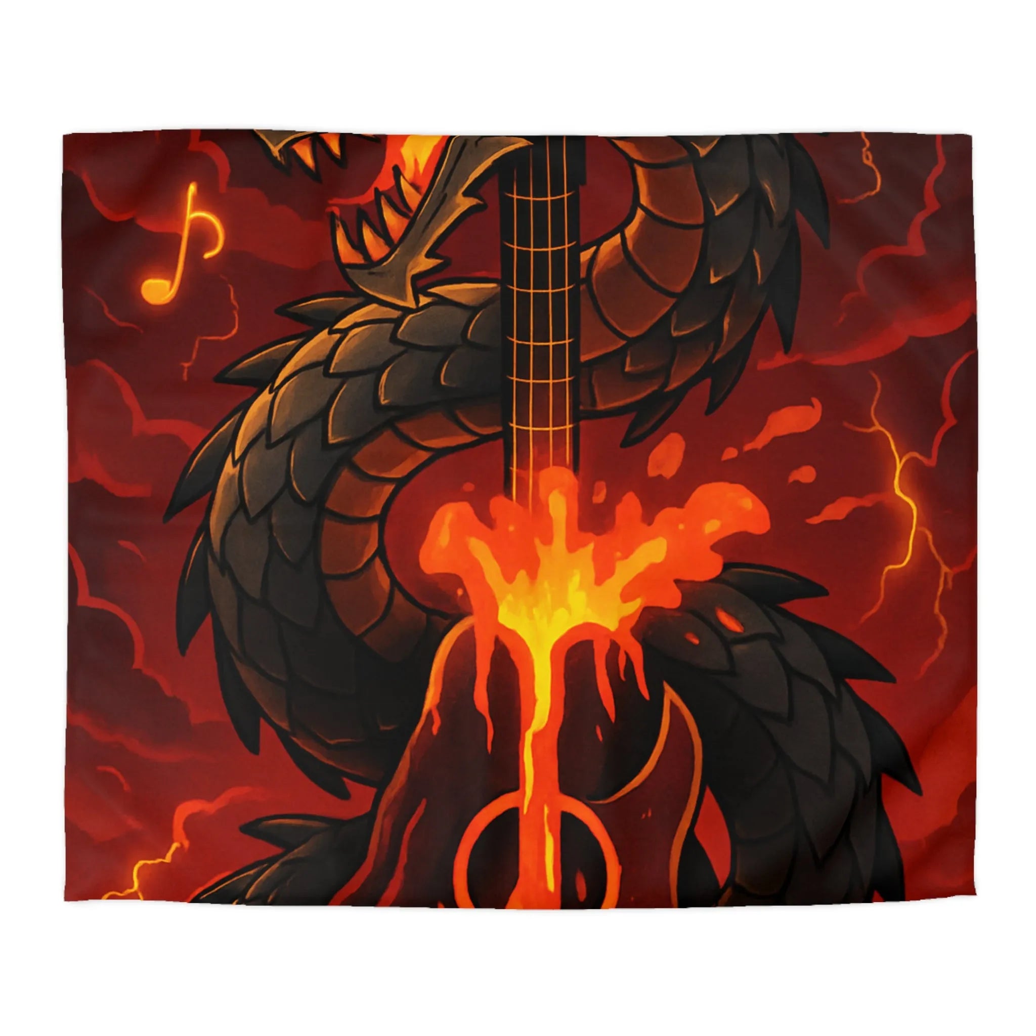 Housse de couette avec dragon noir majestueux et flammes incandescentes, ambiance épique