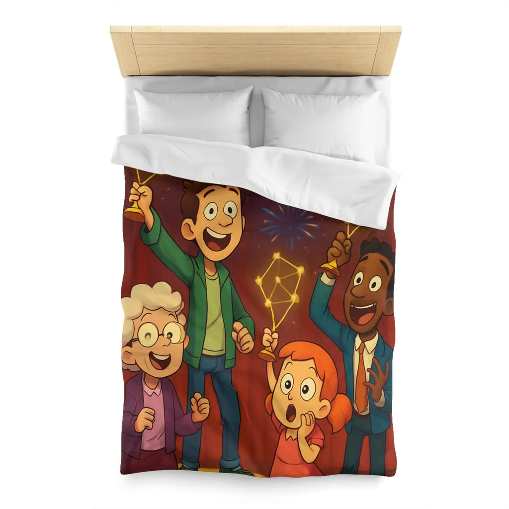 Housse de couette colorée enfants avec feux d'artifice et personnages dessin animé joyeux