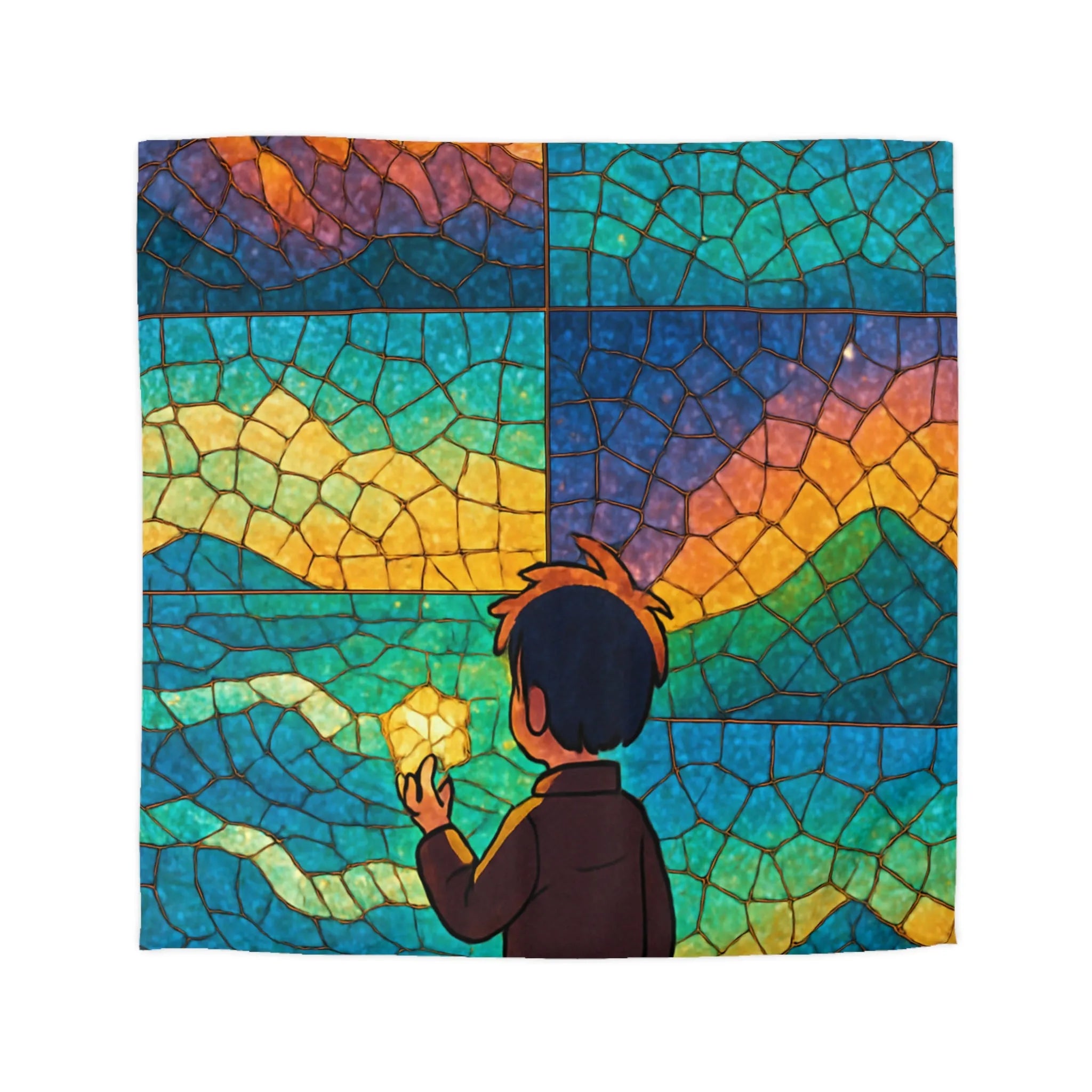 Housse de couette artistique avec paysage montagneux et ciel étoilé coloré en vitrail