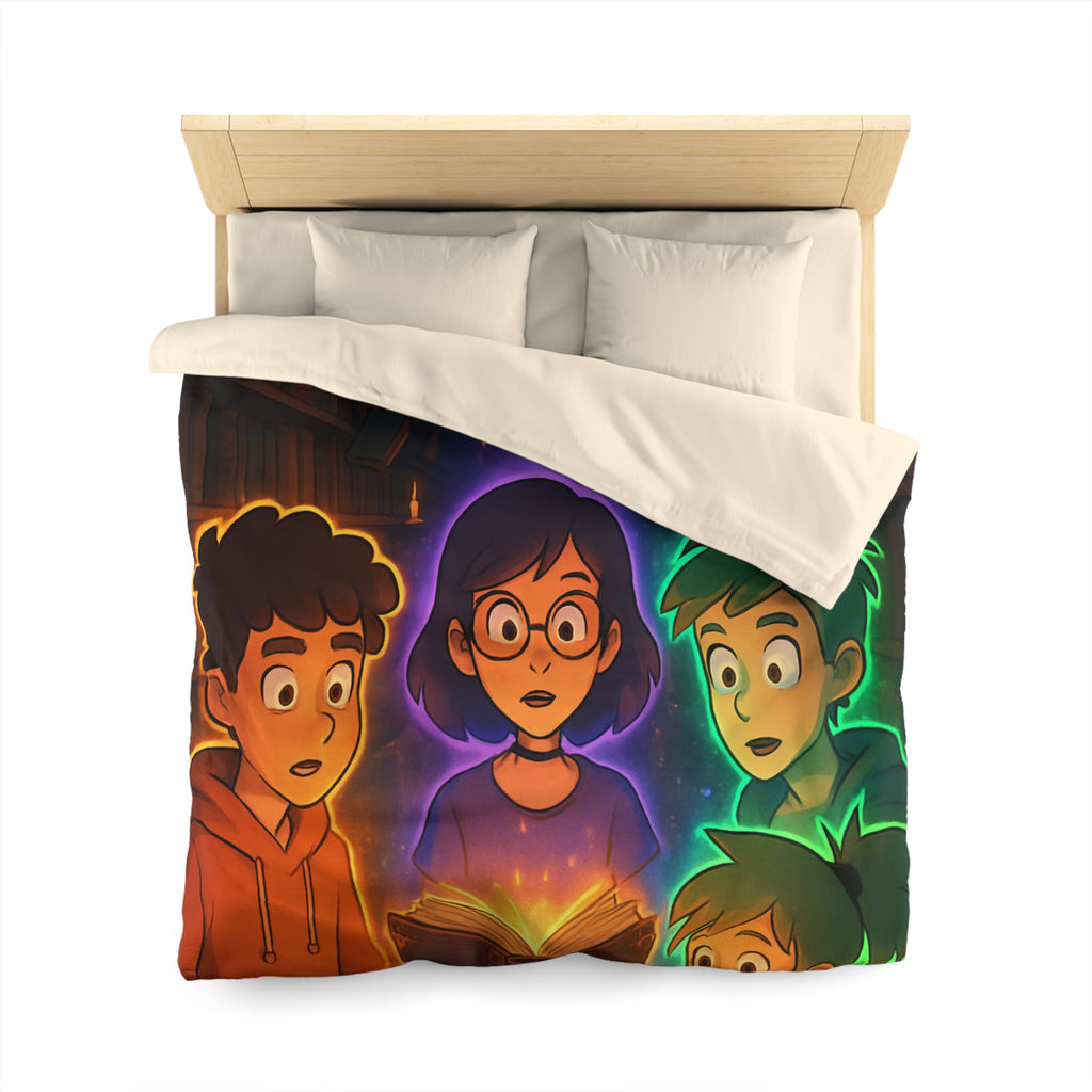 Housse de Couette Mystérieuse avec Enfants Découvrant Livre Magique dans Bibliothèque Enchantée