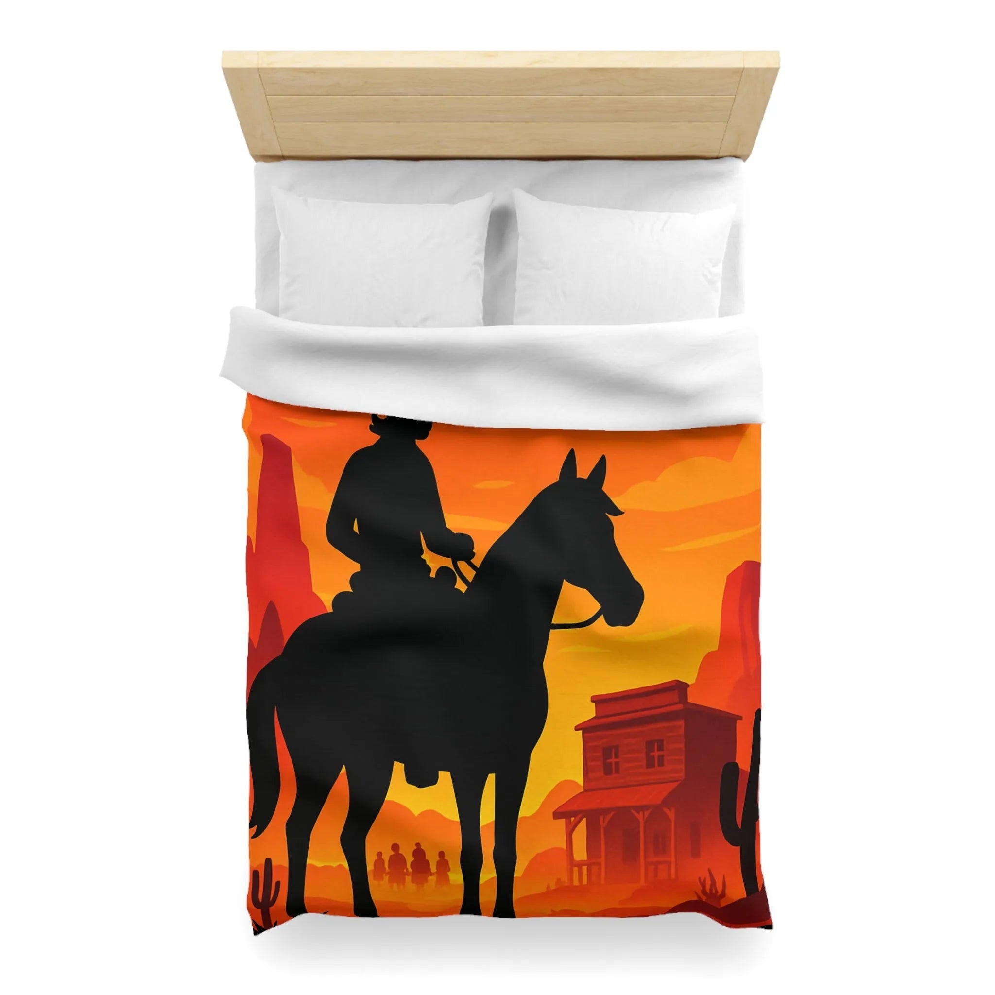 Housse de couette Far West cavalier cheval silhouette coucher de soleil scène désertique