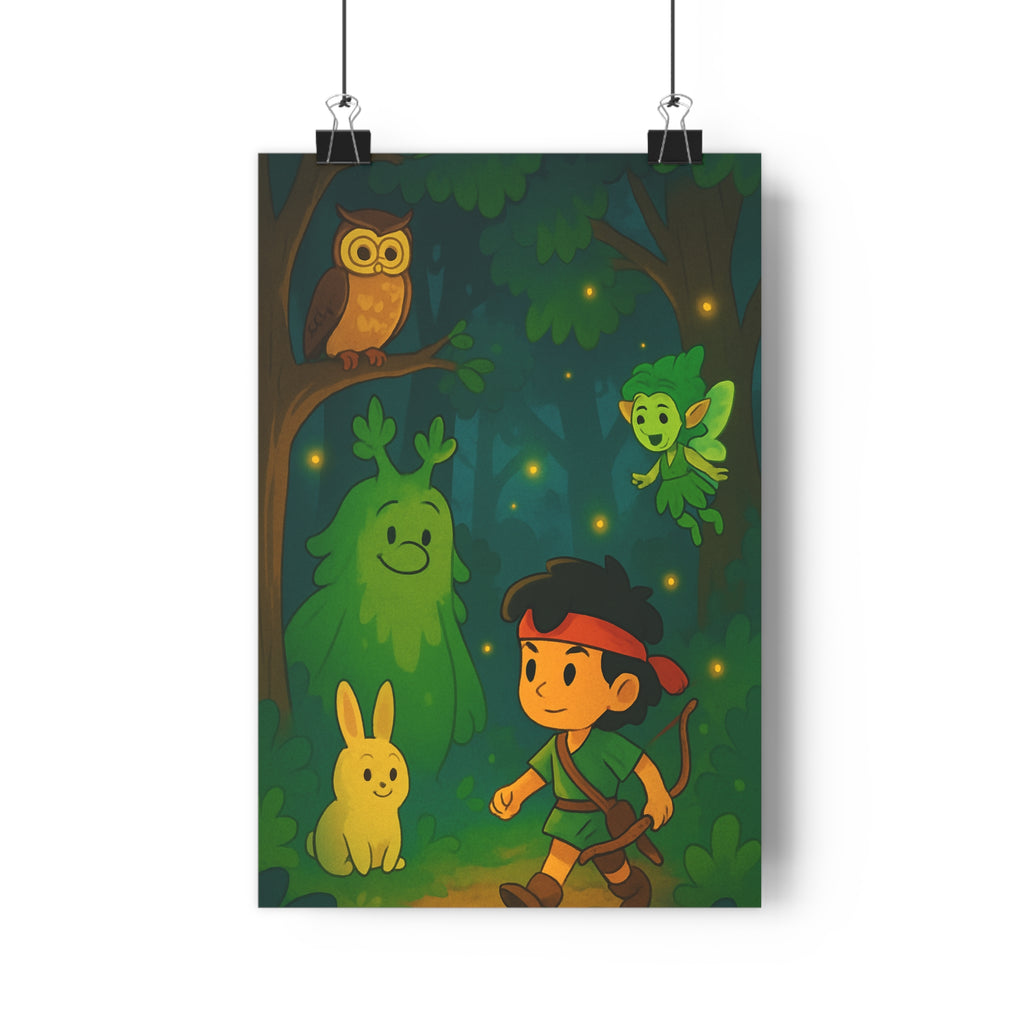 Poster décoratif cartoon vert brun aventure joyeux enfant chambre forêt féerique créatures magiques chaleureux