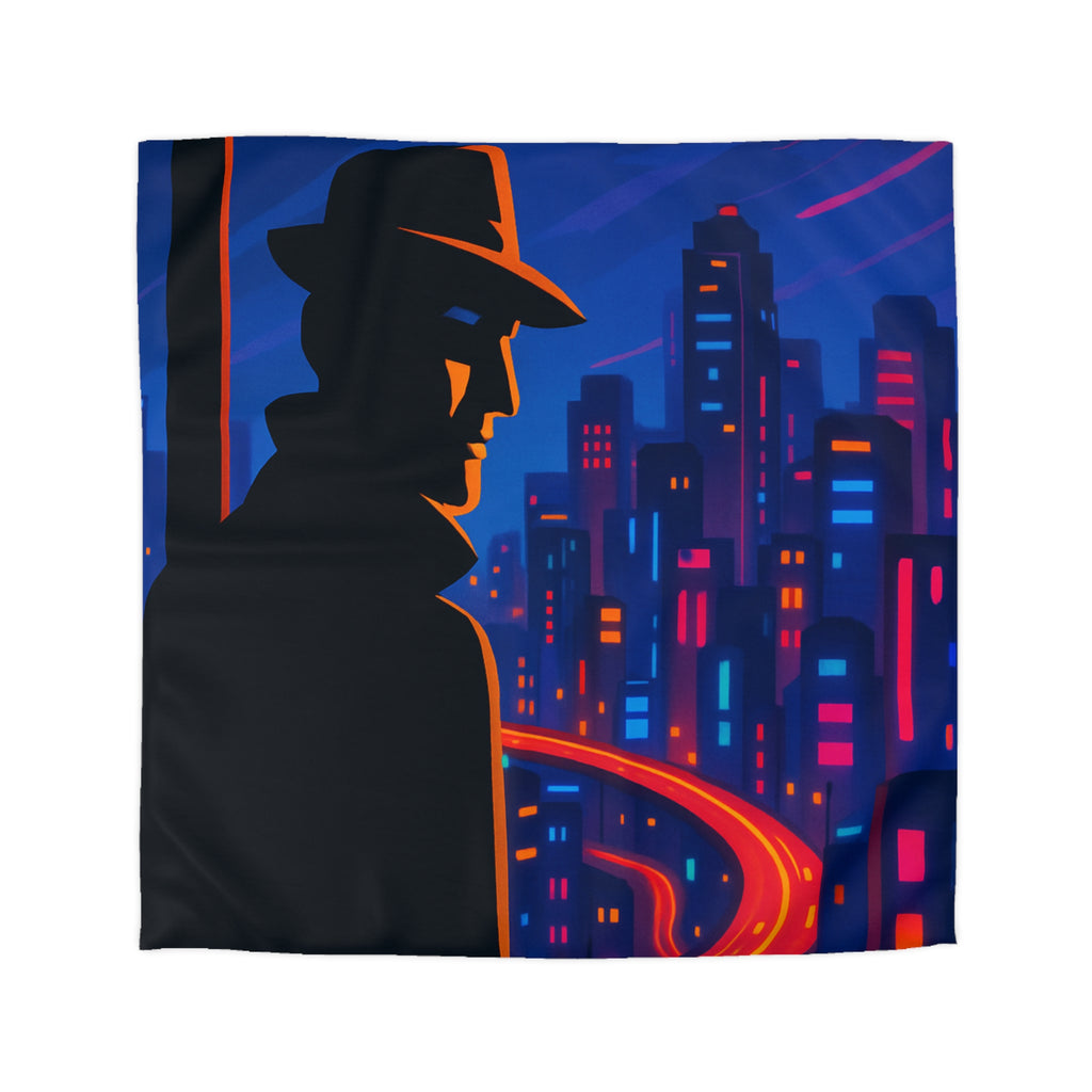 Housse de couette rétro mystérieuse avec silhouette urbaine nocturne et routes lumineuses