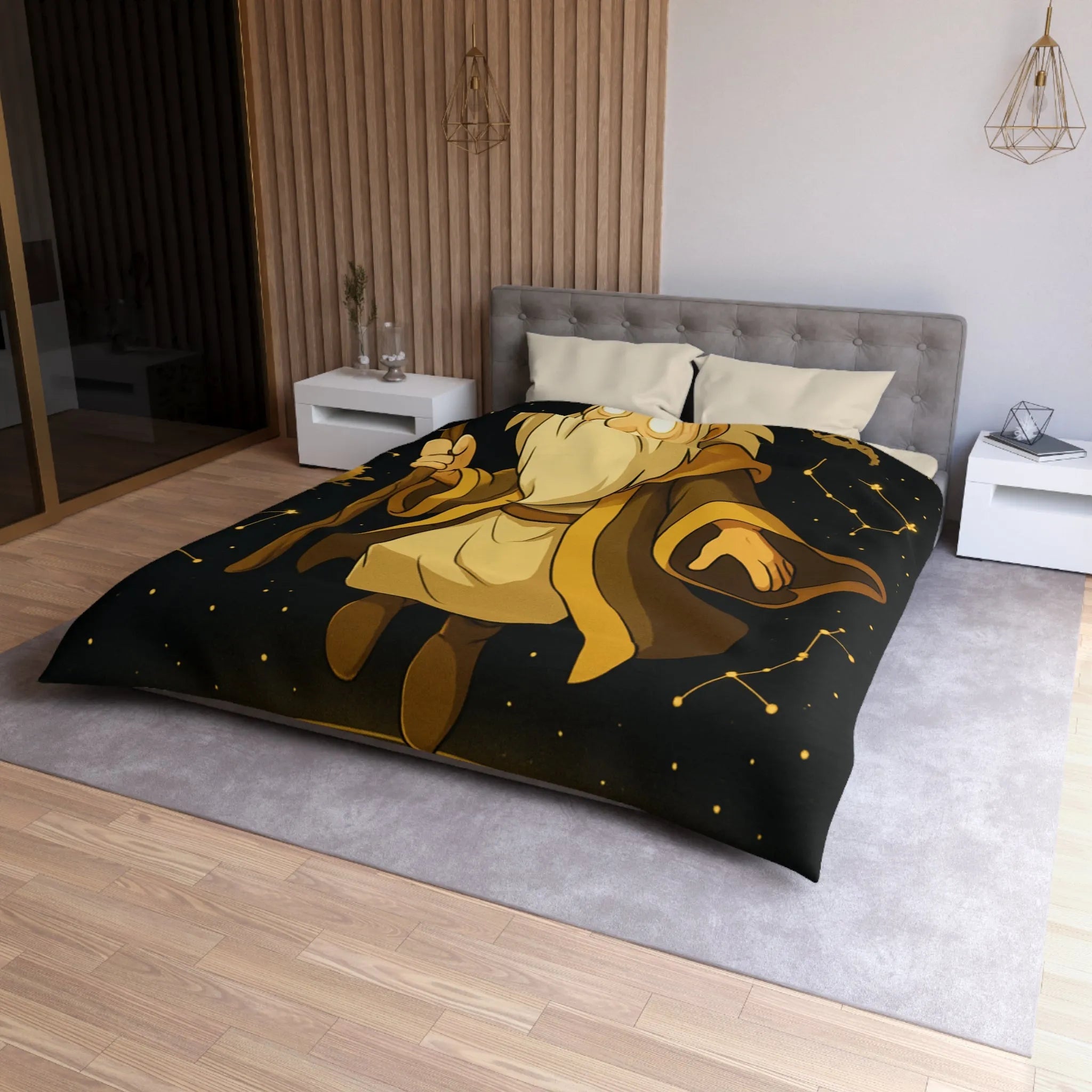 Housse de couette avec magicien illuminé et constellations dorées pour chambres enchantées