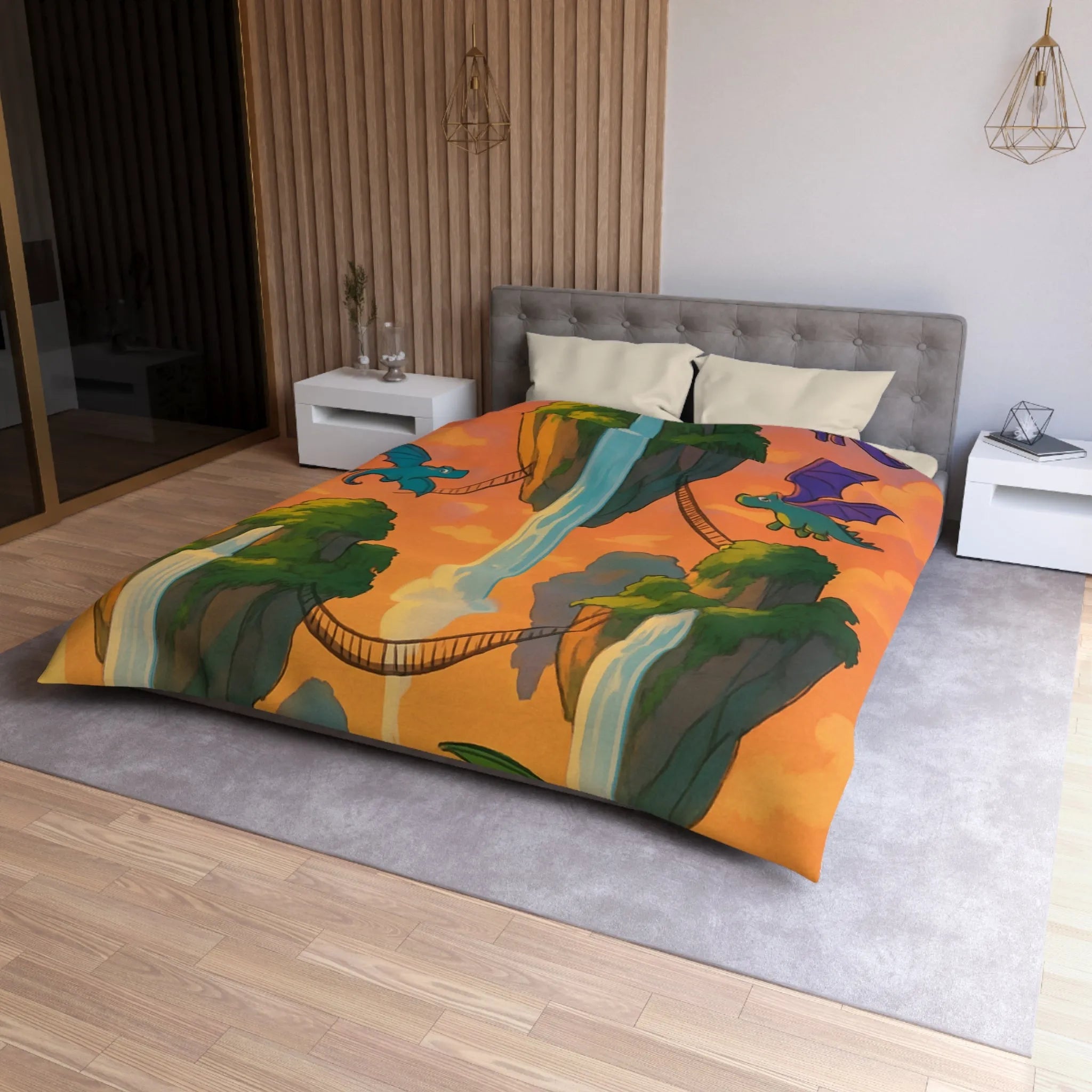 Housse de couette dragon colorée pour chambre d'enfant avec chutes et ciel magique